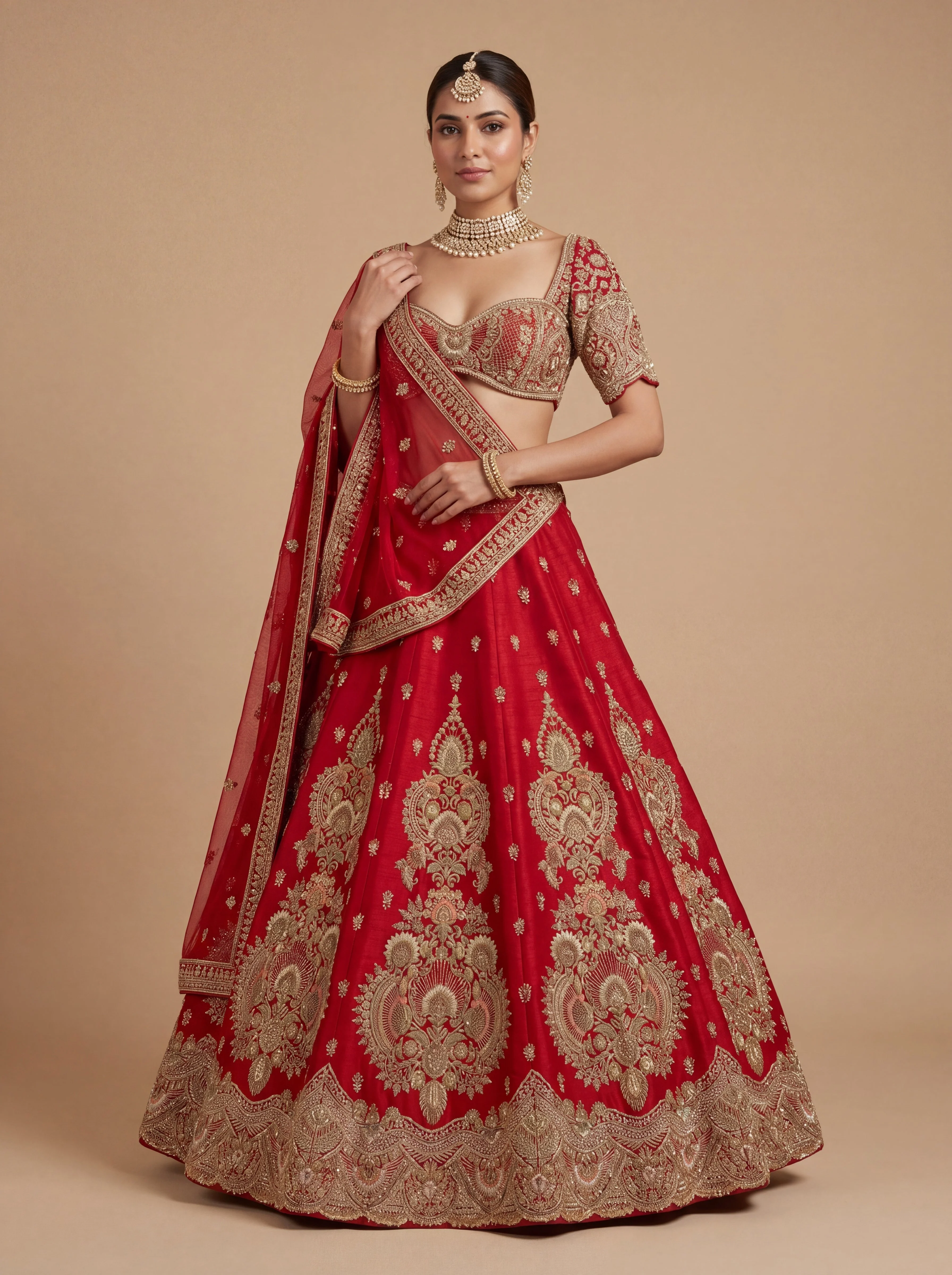 Red Pheras Bridal Lehenga With Golden Zari  Voluminous Skirt