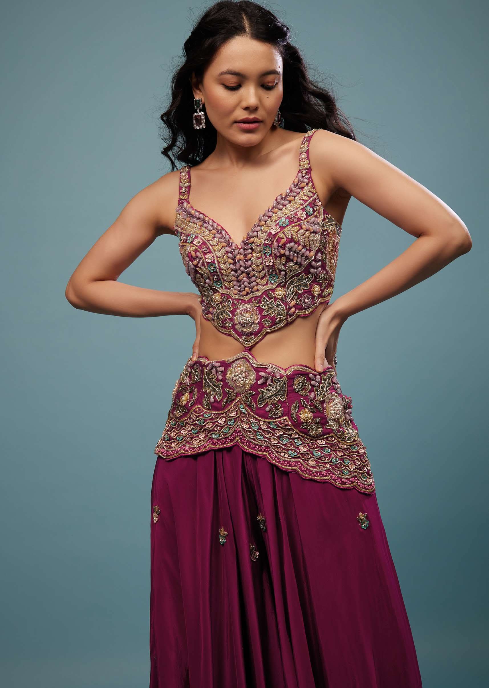 Plum Purple Embroidered Jumpsuit In Satin - Image 4