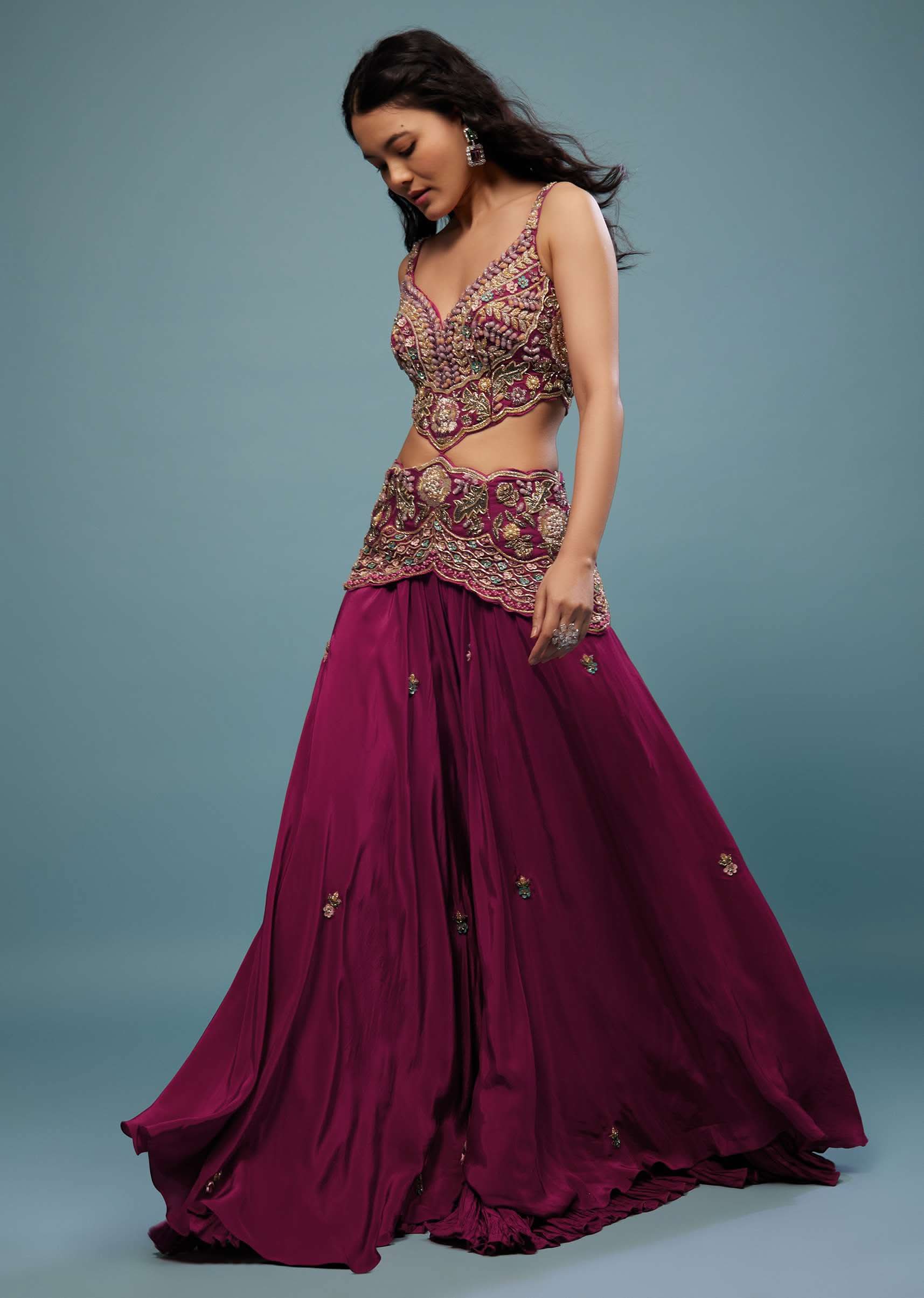 Plum Purple Embroidered Jumpsuit In Satin - Image 5