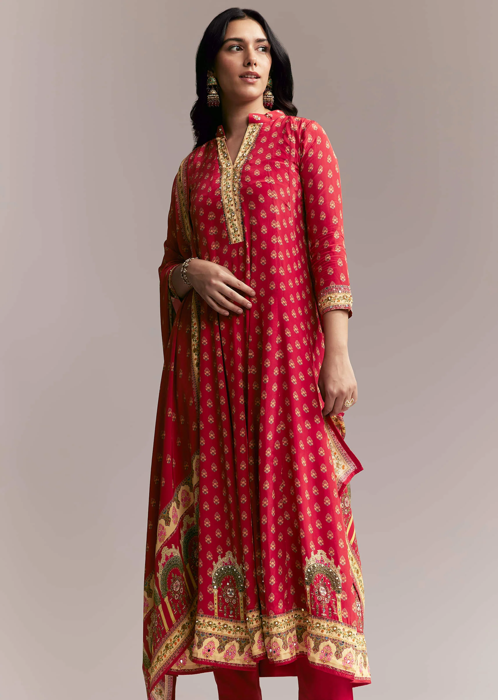 Red Printed Crepe Anarkali Set - Image 4