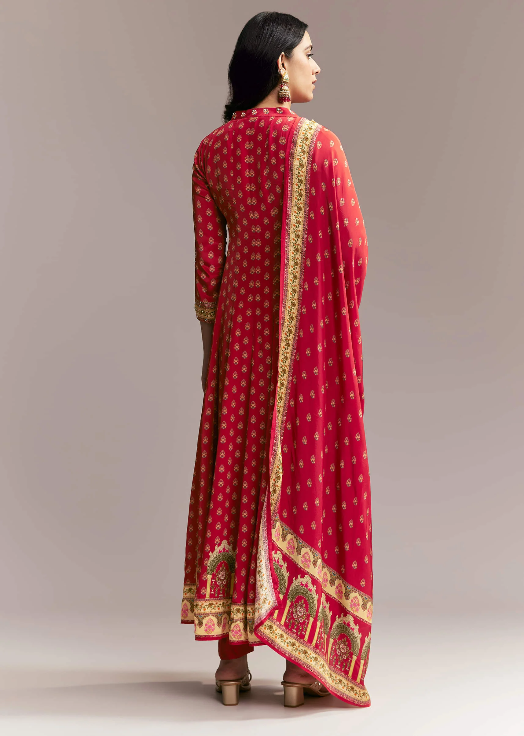 Red Printed Crepe Anarkali Set - Image 5