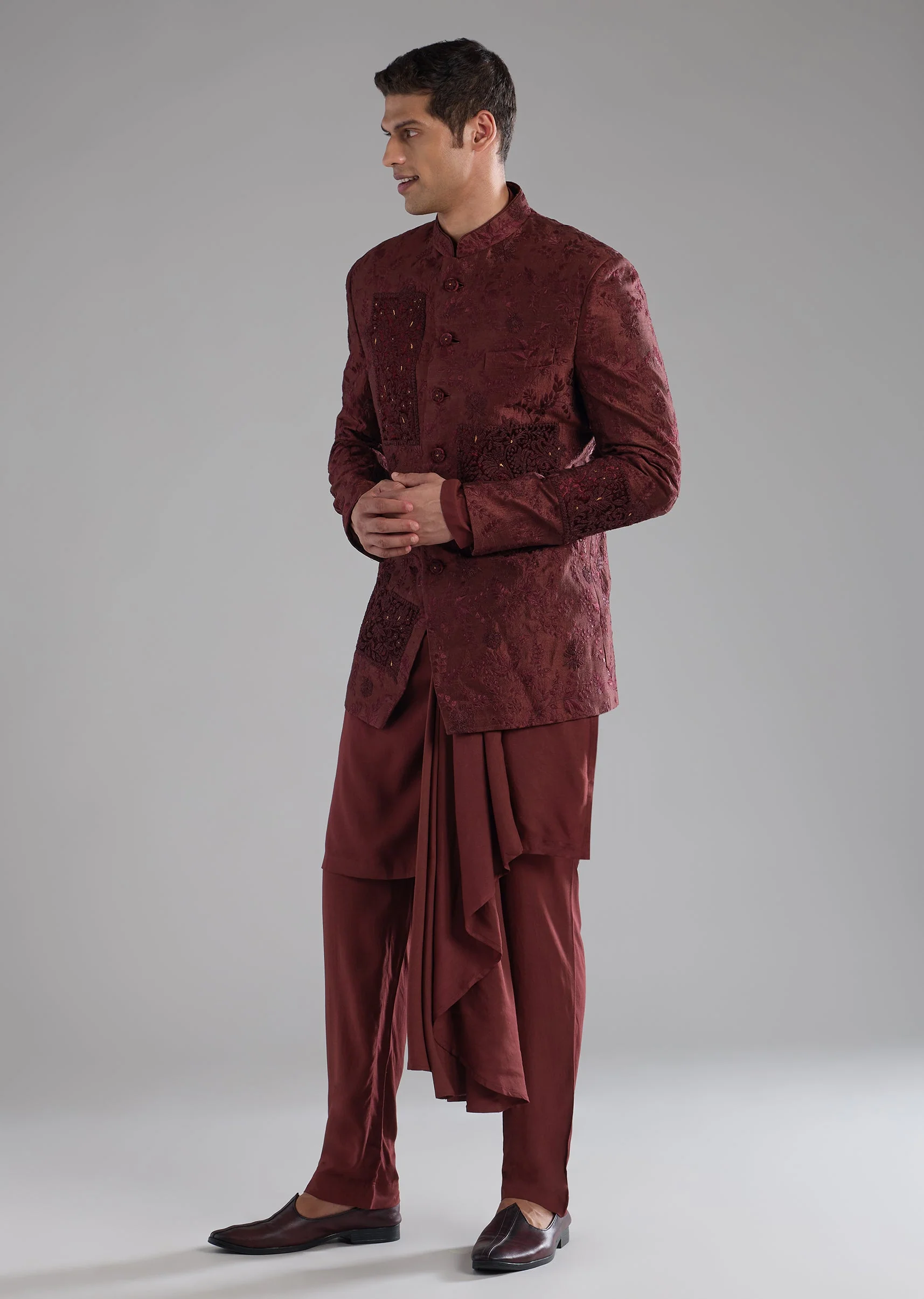 Red Raw Silk Embroidered Indowestern Kurta Set - Image 3