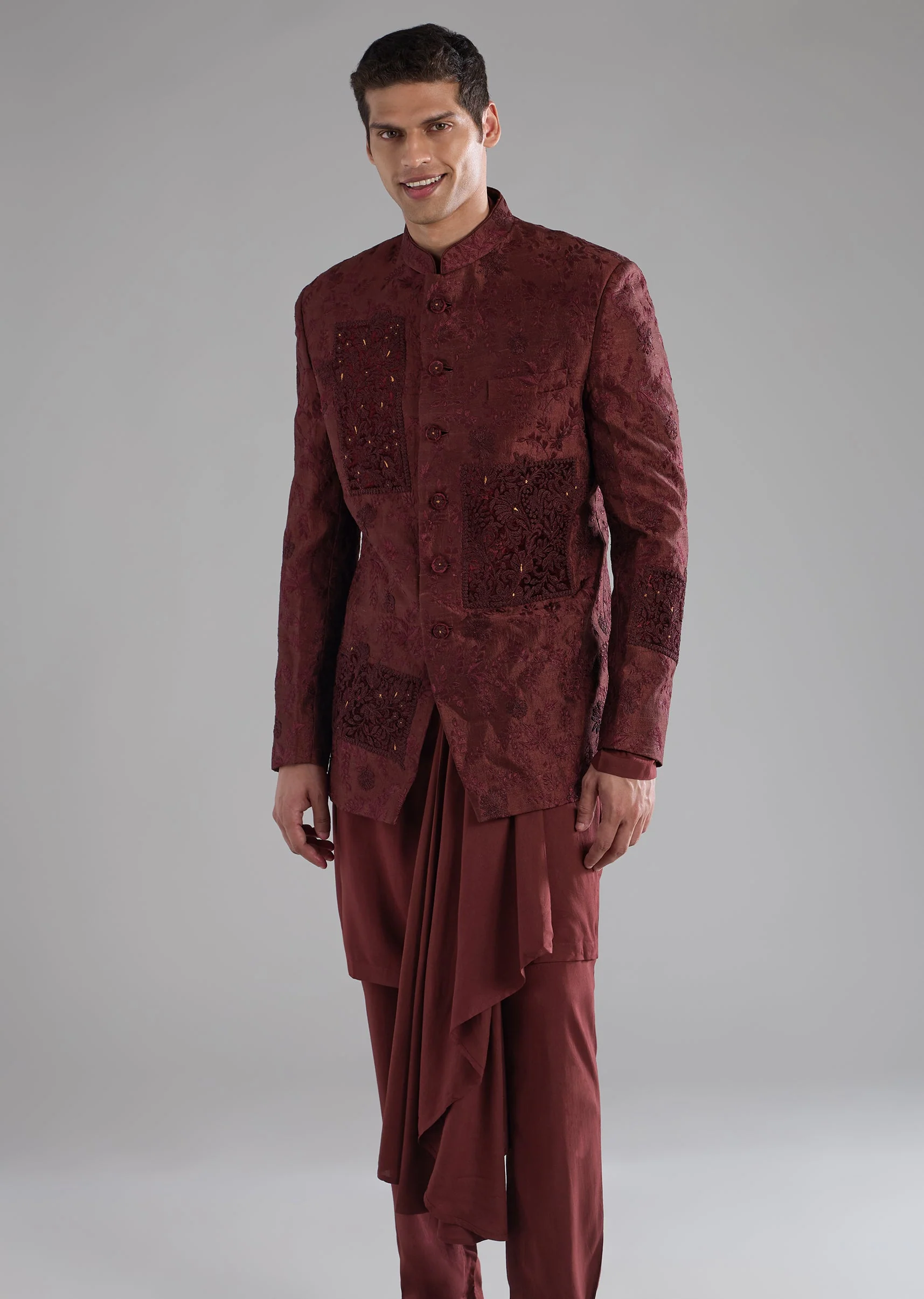 Red Raw Silk Embroidered Indowestern Kurta Set - Image 4