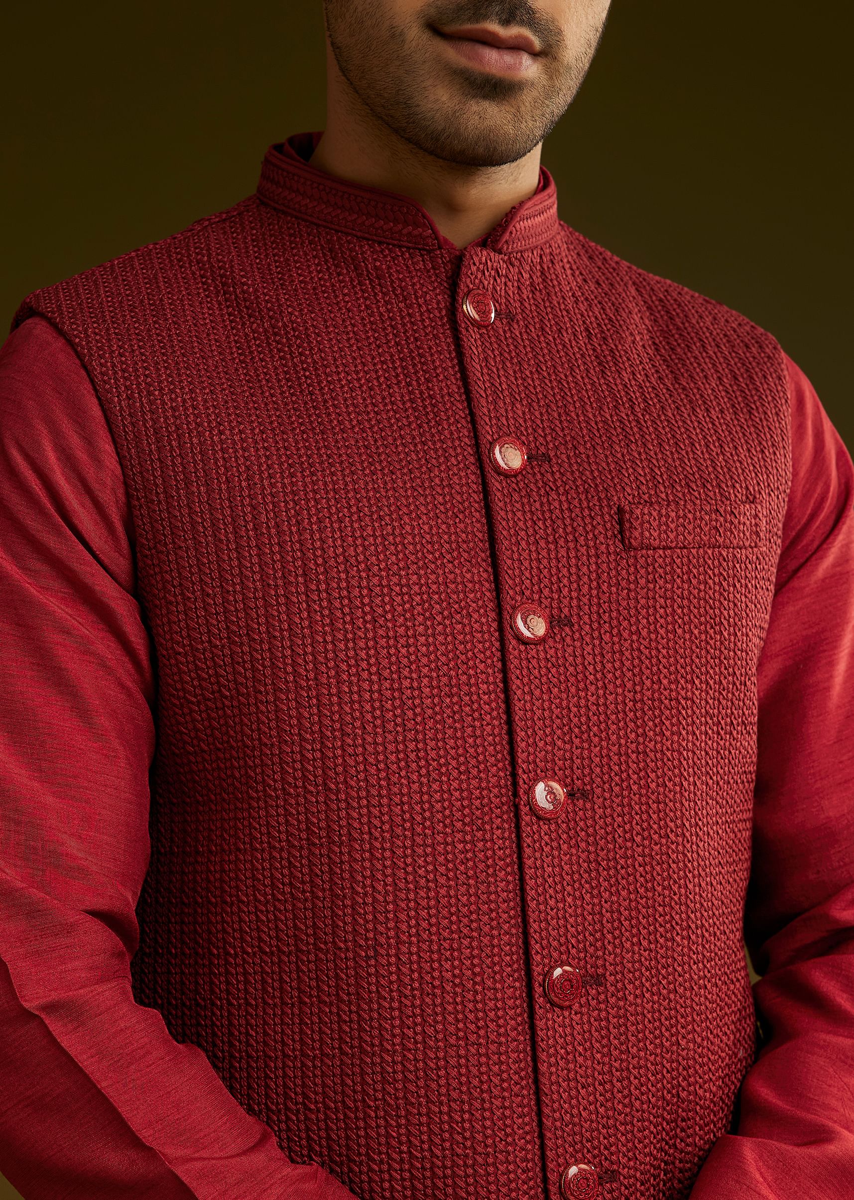 Red Rayon Kurta Jacket Set
