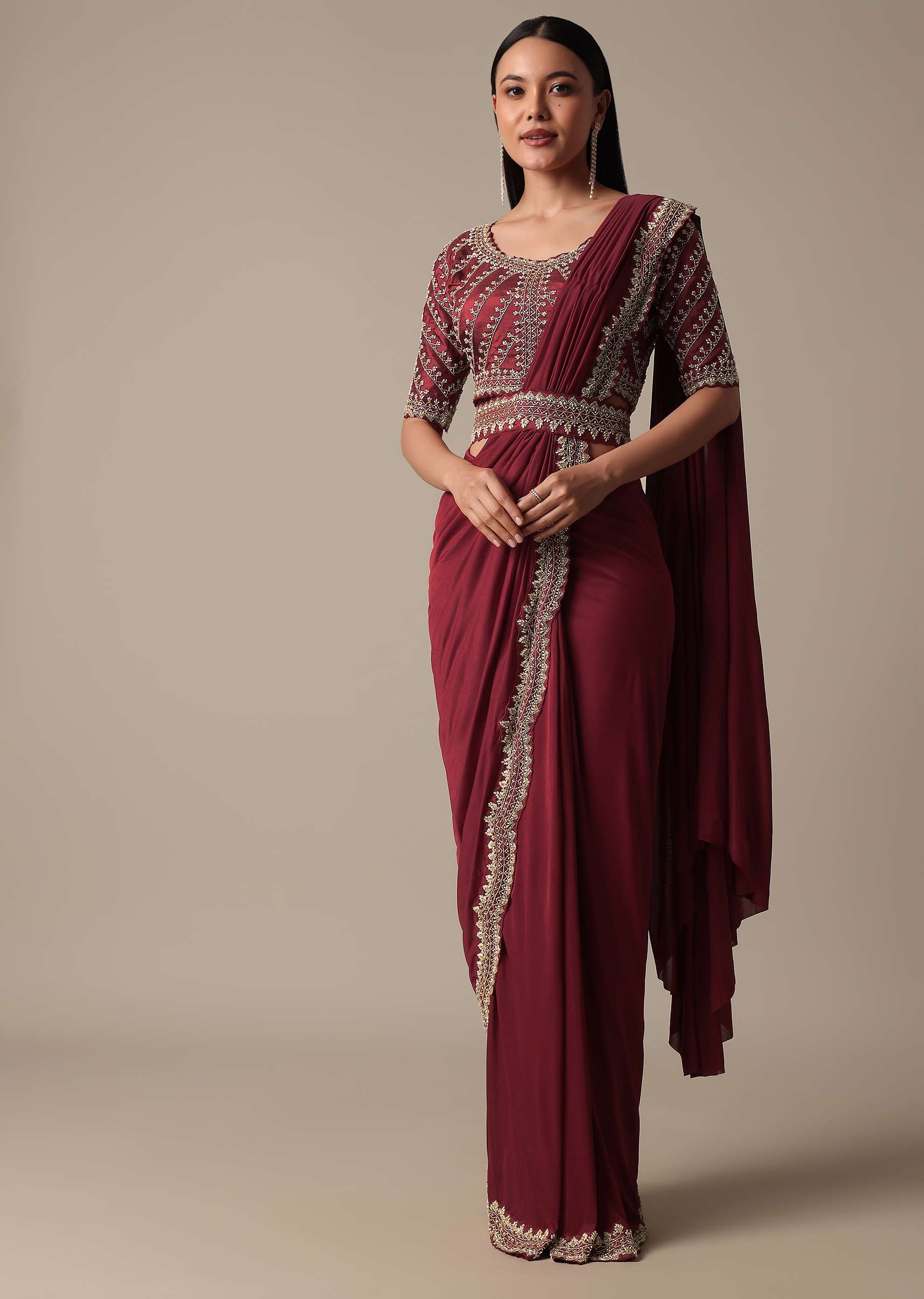 Red Readymade Saree With Embellished Blouse - Image 3