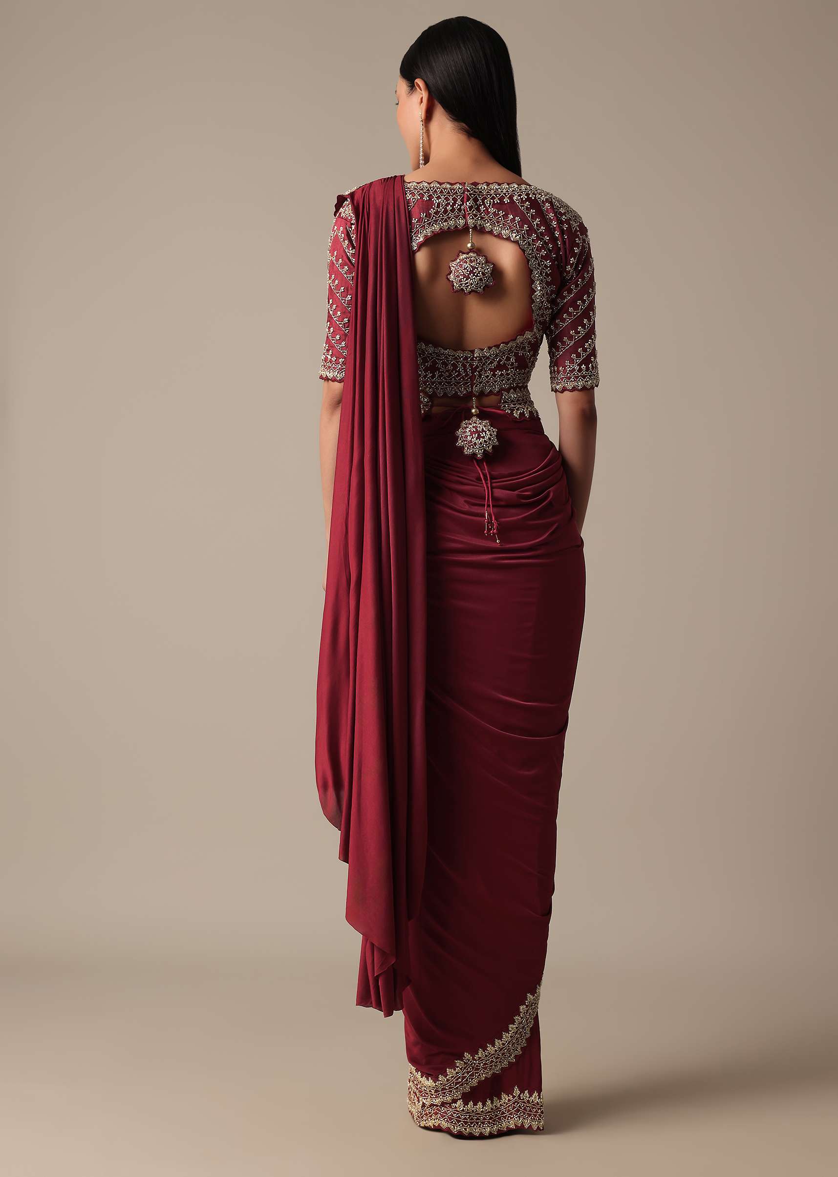 Red Readymade Saree With Embellished Blouse - Image 5