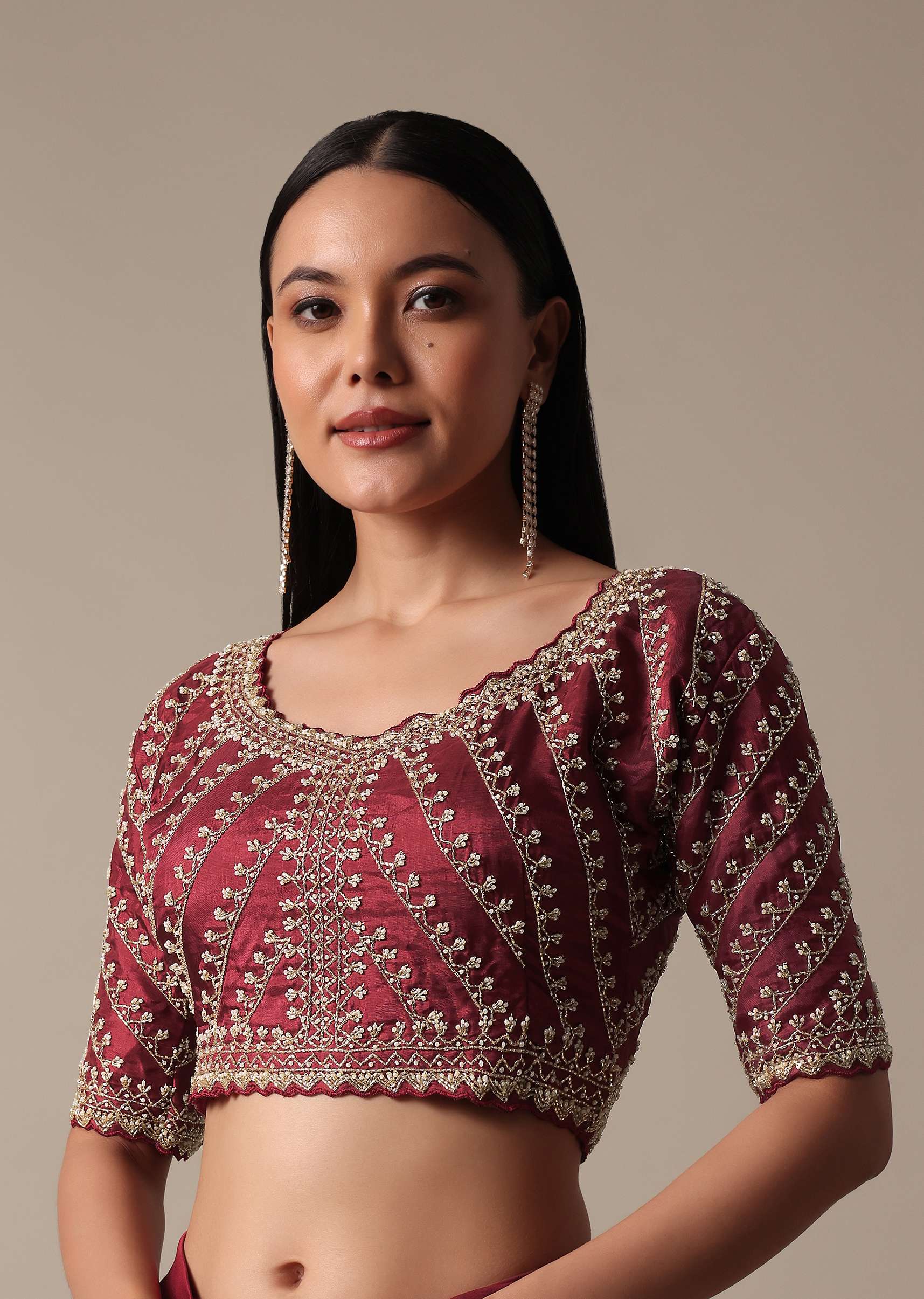 Red Readymade Saree With Embellished Blouse - Image 6