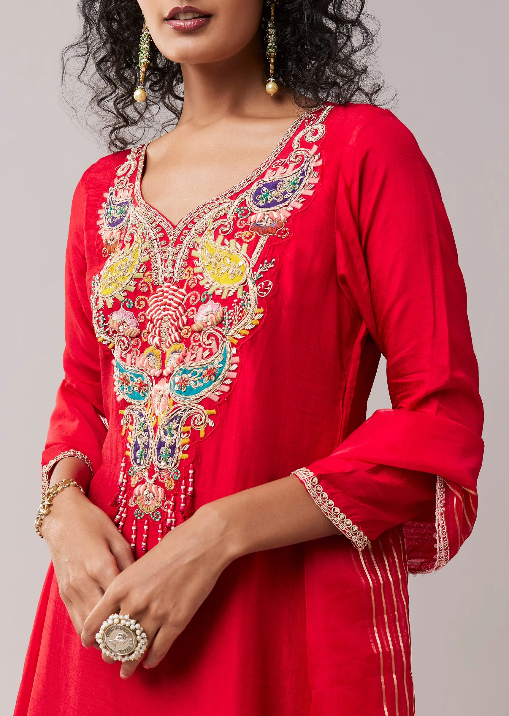 Red Resham Work Silk Kurta Palazzo Set - Image 2