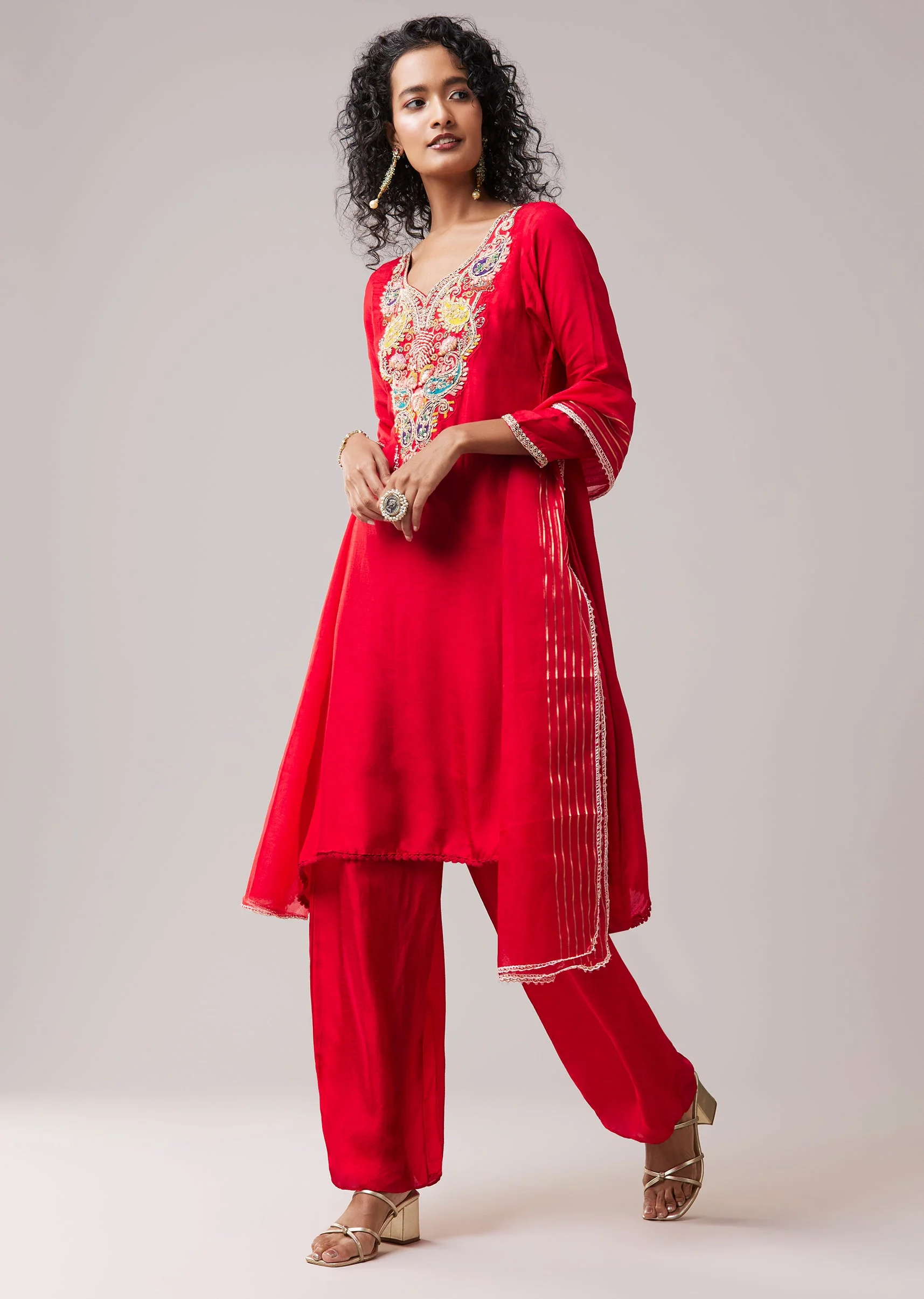 Red Resham Work Silk Kurta Palazzo Set - Image 3