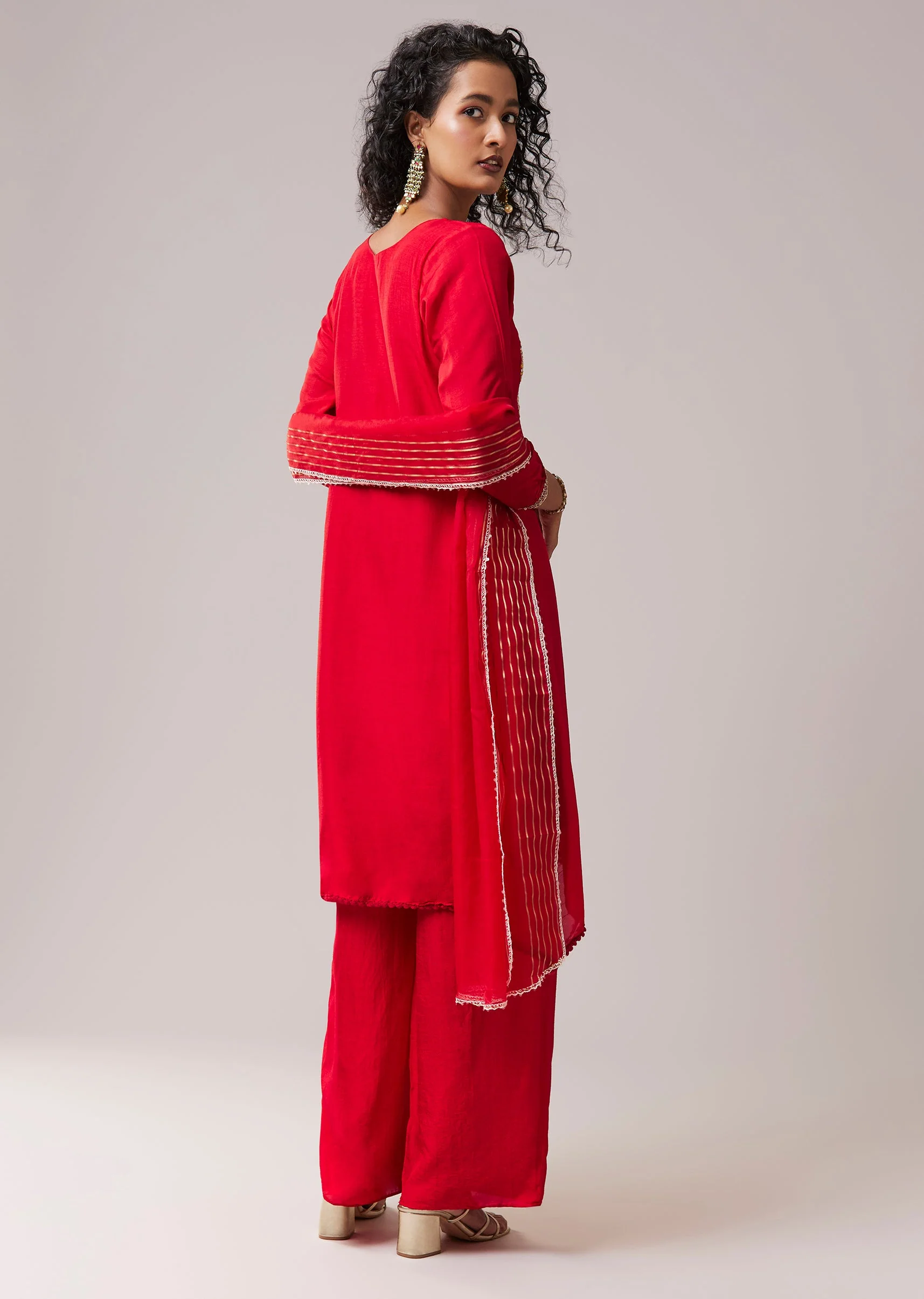 Red Resham Work Silk Kurta Palazzo Set - Image 5