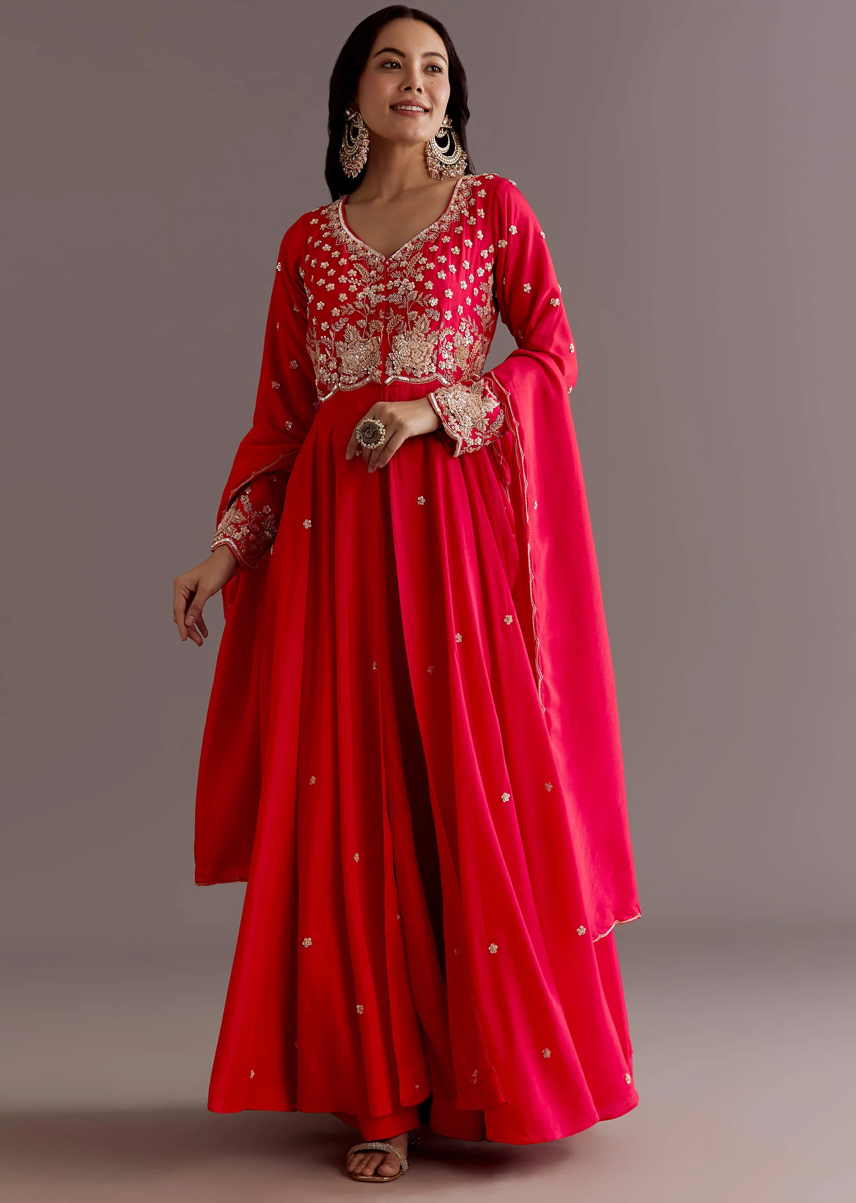 Red Russian Silk Front Slit Cutdana Beaded Kurta Set With Dupatta - Image 2