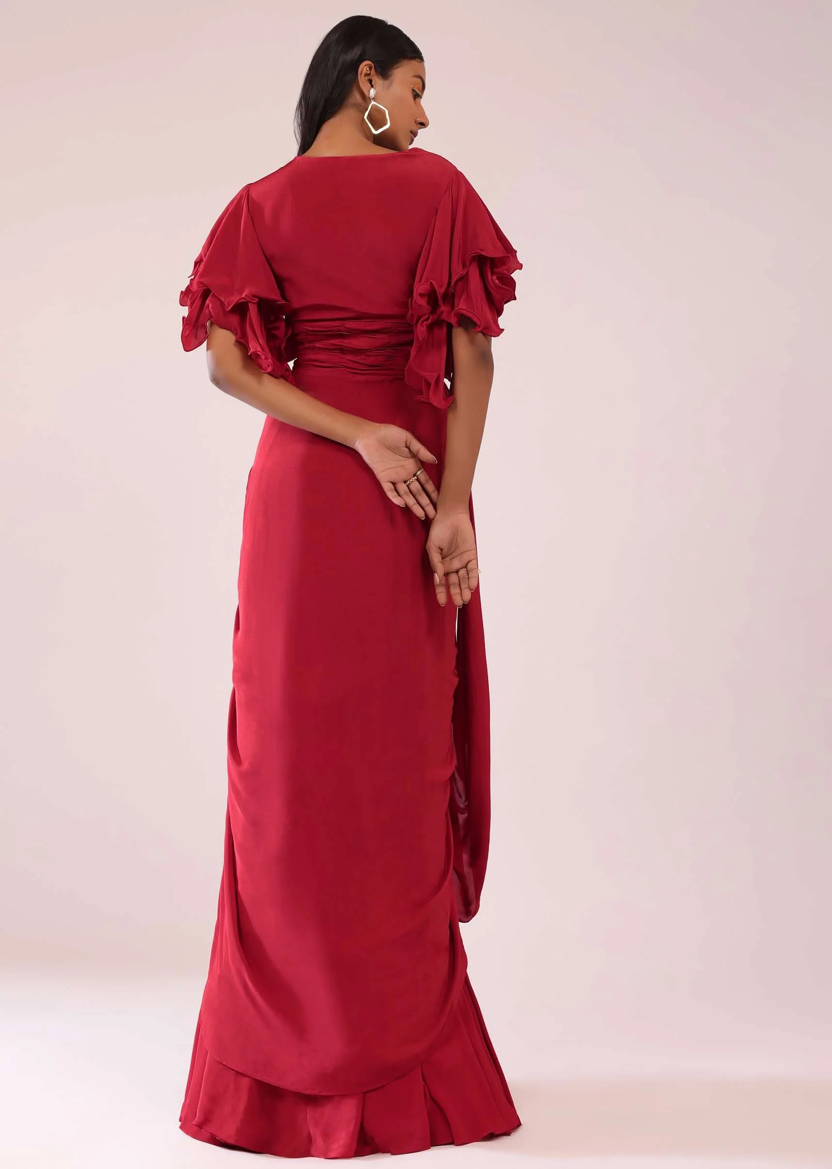 Red Saree Gown In Crepe With Frill Sleeves And Delicate Hand Embroidery - Image 6