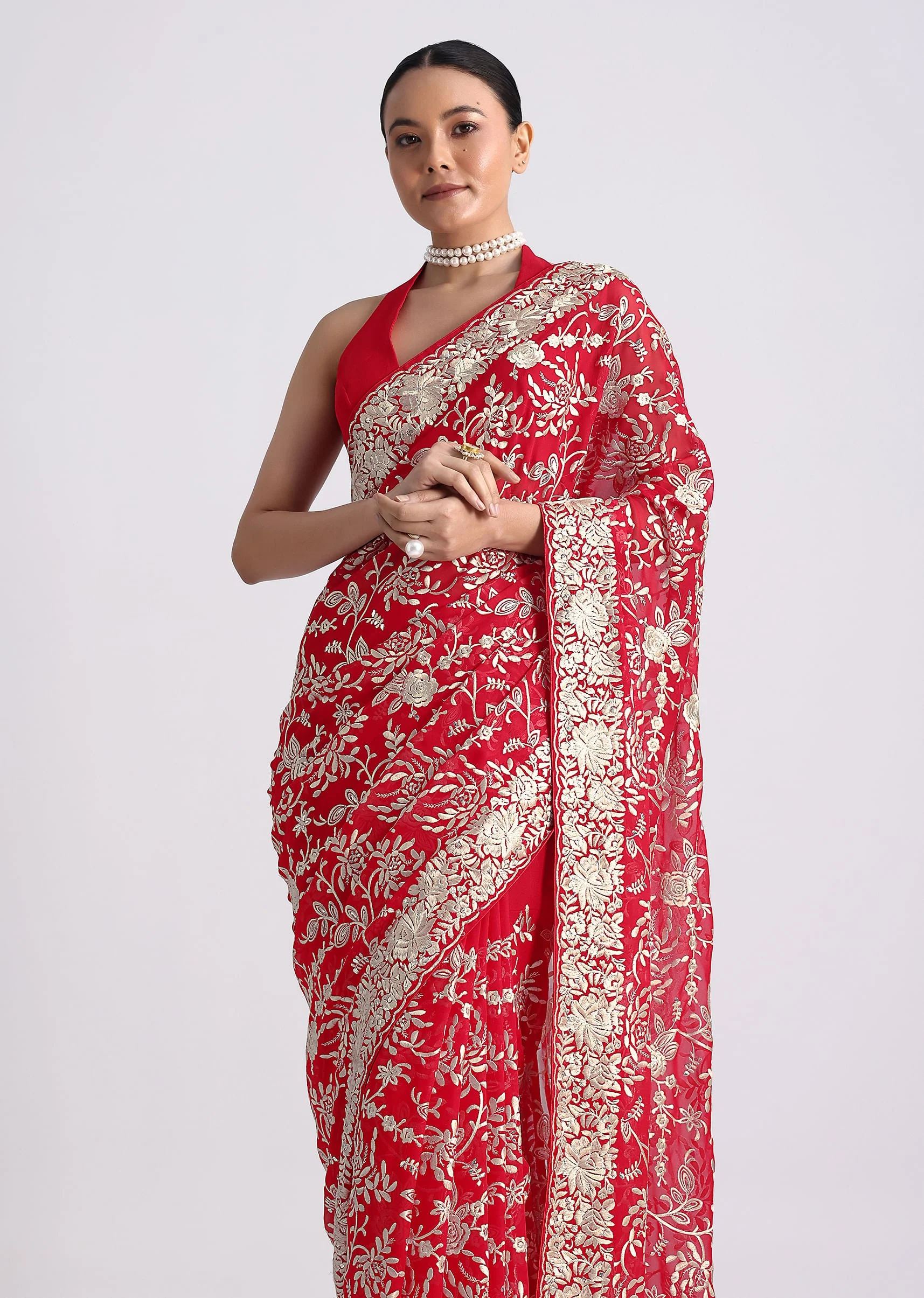 Red Saree In Georgette with Parsi Gara Work - Image 5
