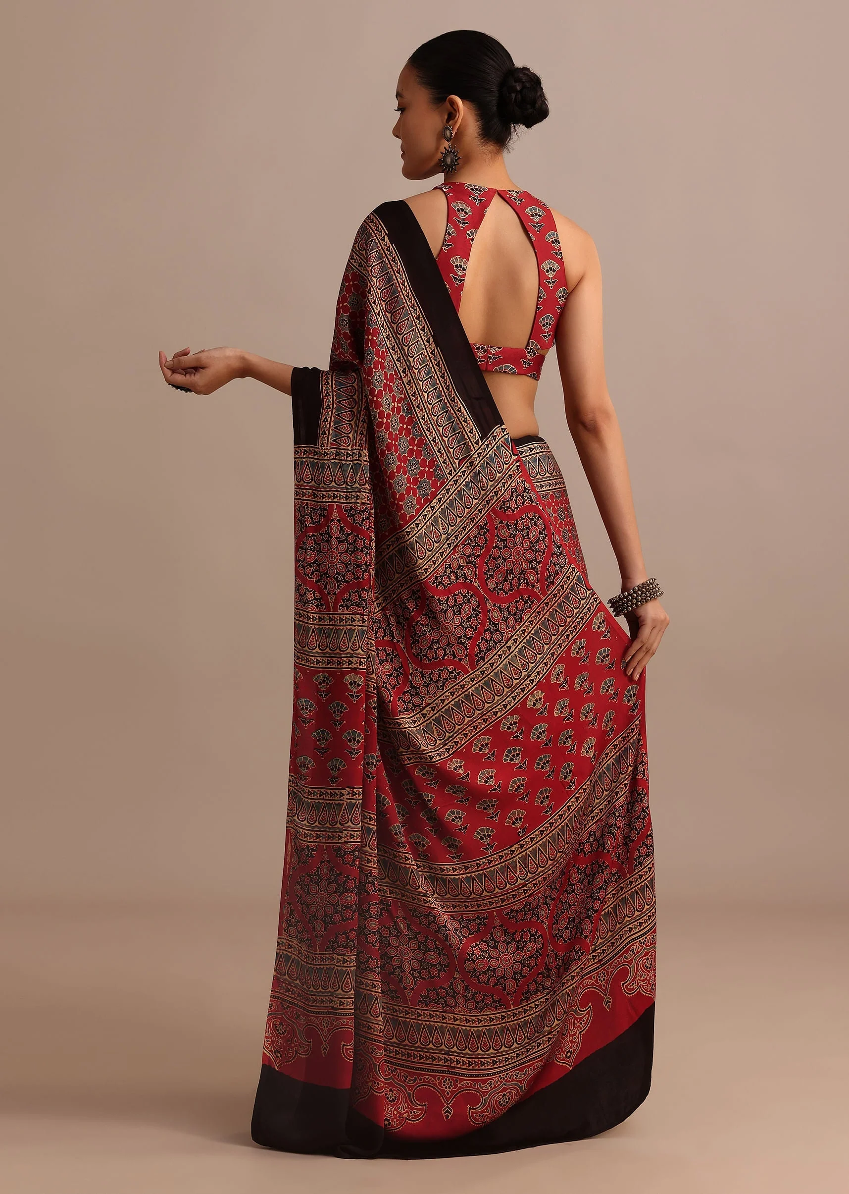 Red Satin Ajrakh Handblock Printed Ready To Wear Saree - Image 5
