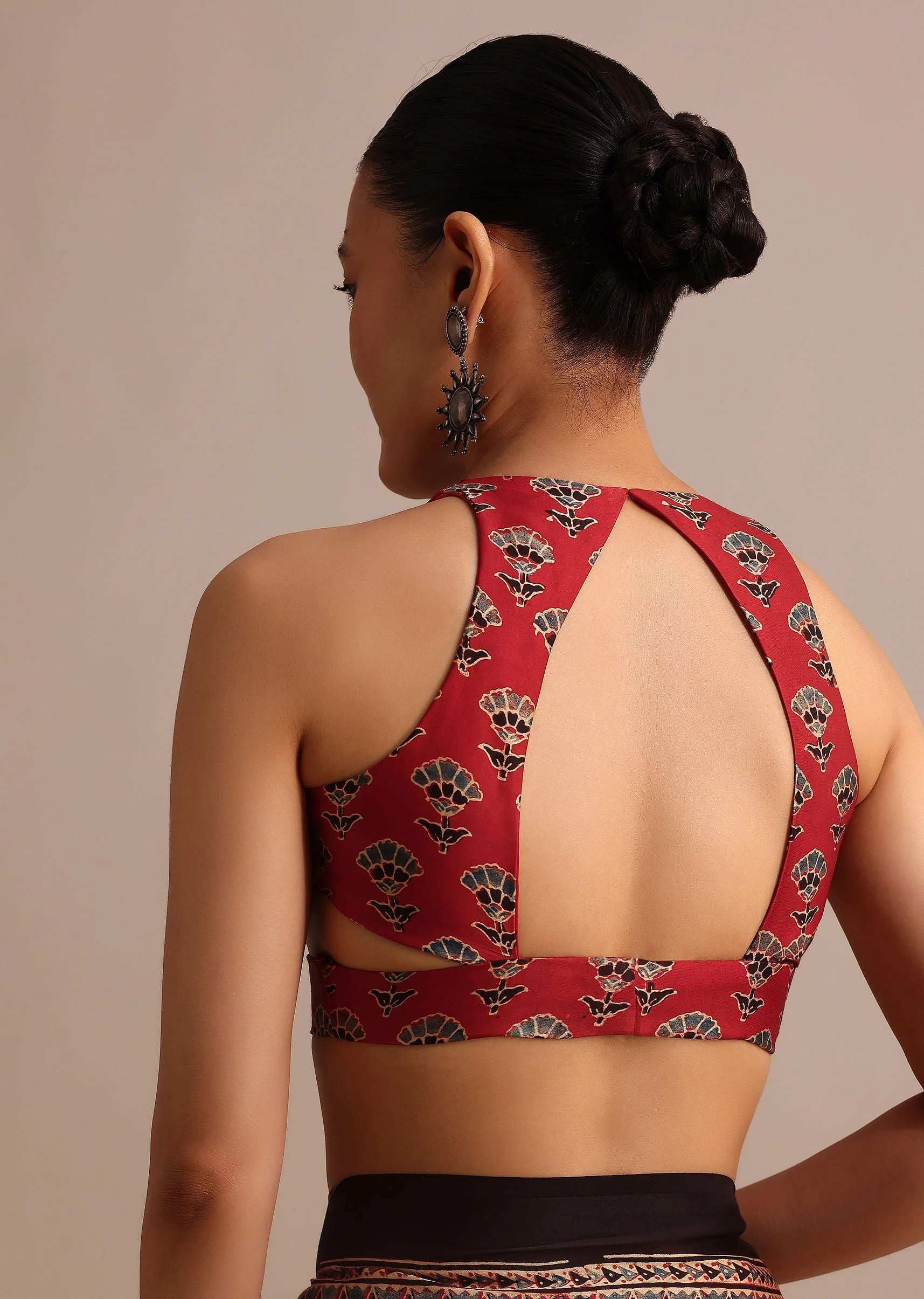 Red Satin Ajrakh Handblock Printed Ready To Wear Saree - Image 8