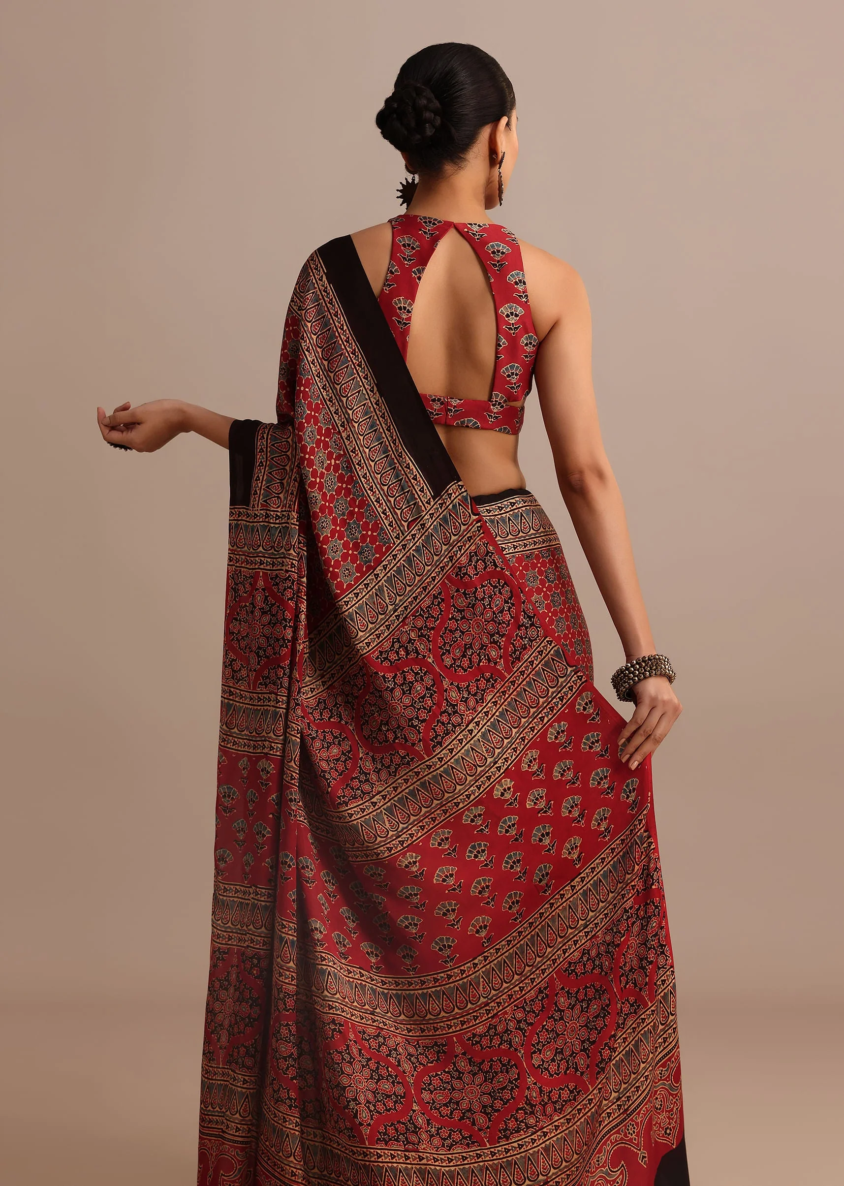 Red Satin Ajrakh Handblock Printed Saree - Image 6