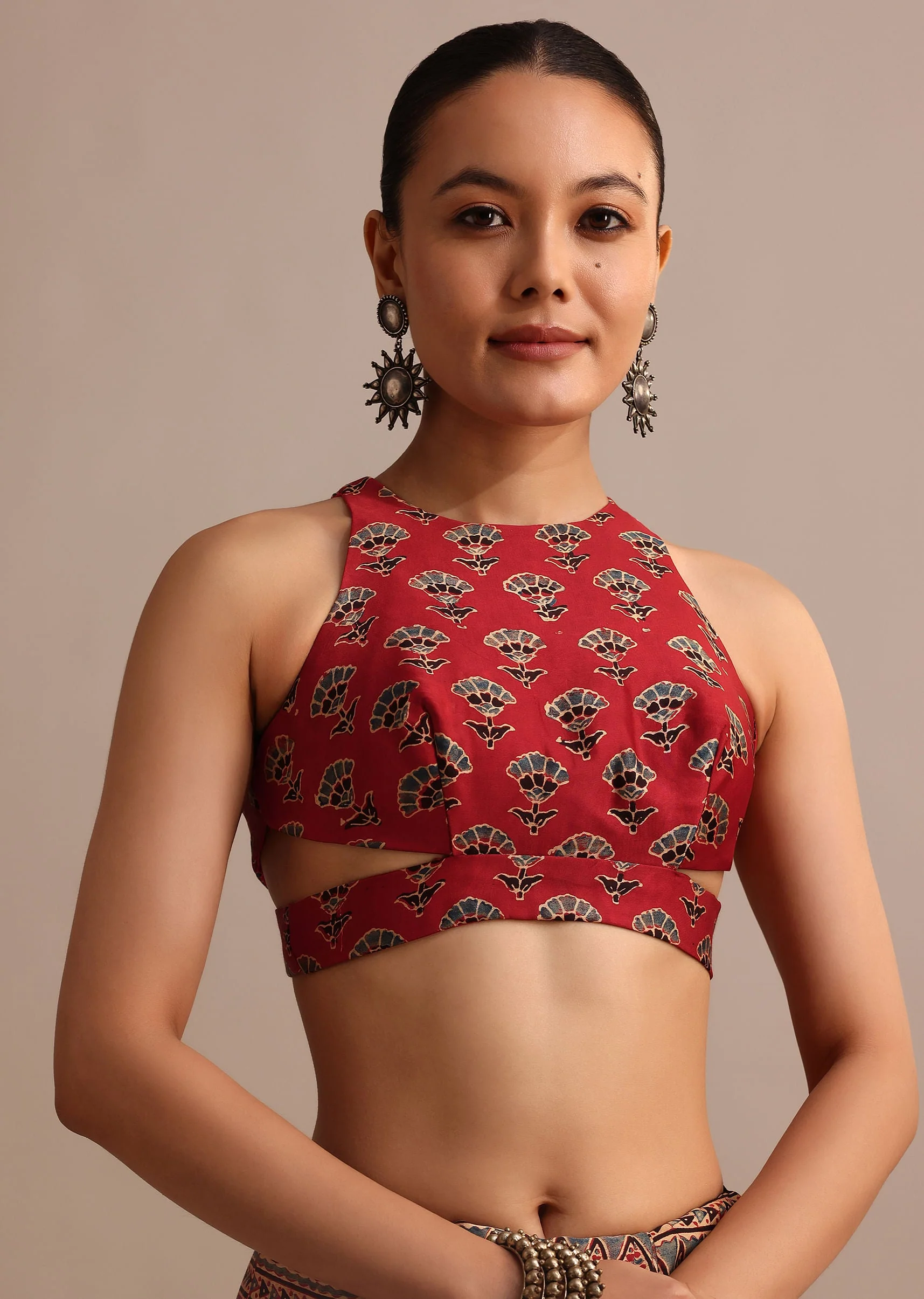 Red Satin Ajrakh Handblock Printed Saree - Image 7