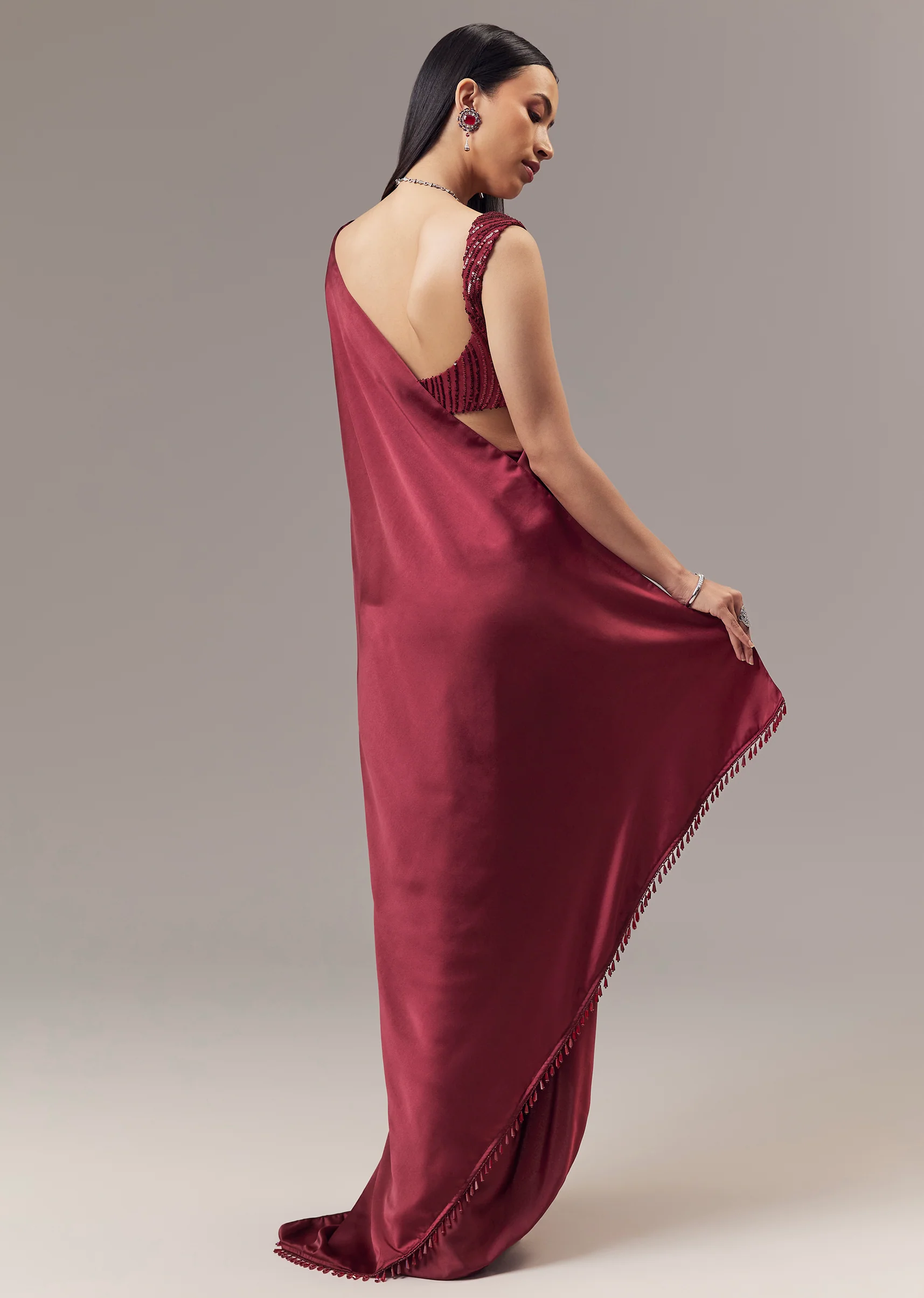 Red Satin Blend Saree With Cut Dana And Sequin Embellished Blouse - Image 4