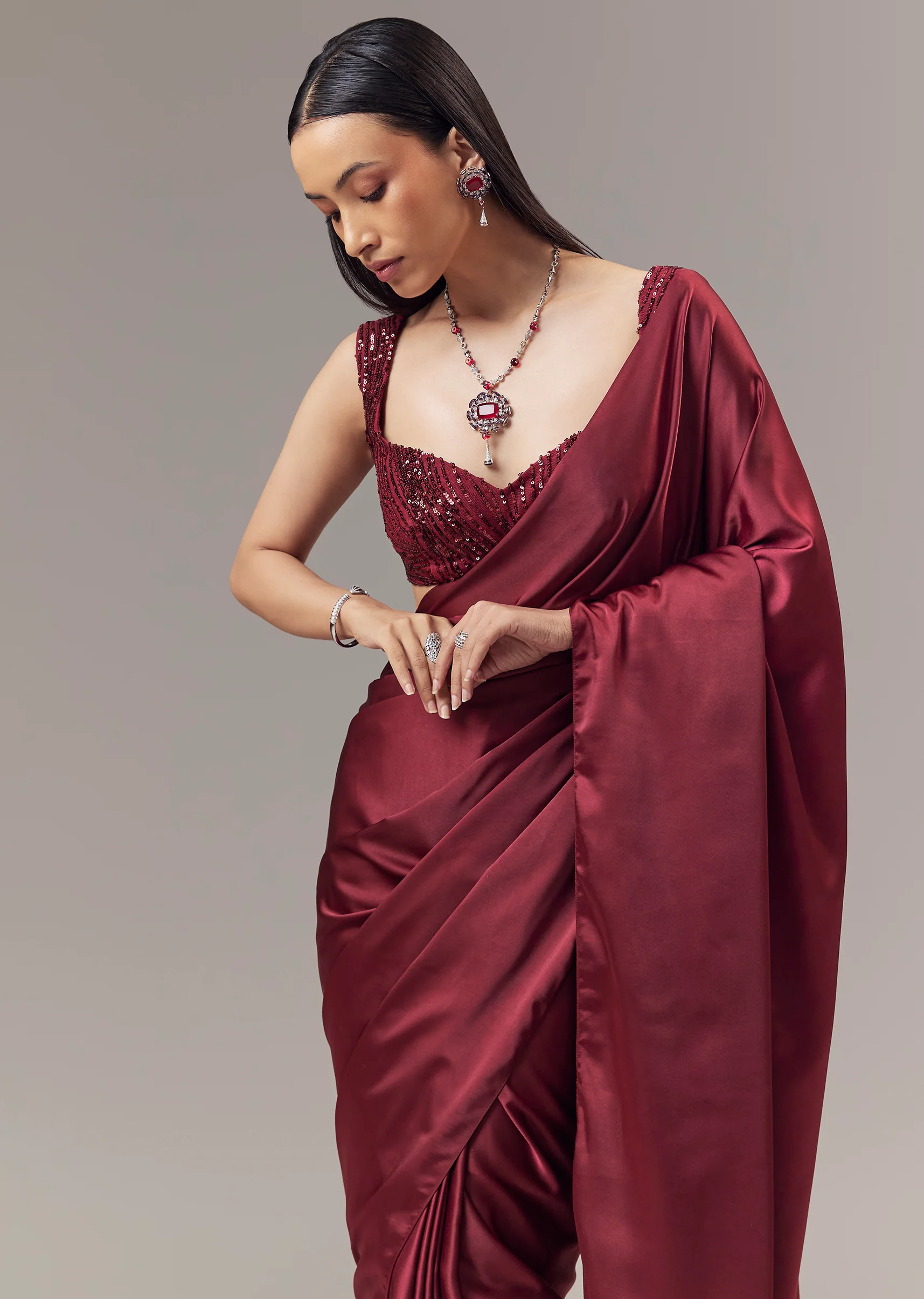 Red Satin Blend Saree With Cut Dana And Sequin Embellished Blouse - Image 5