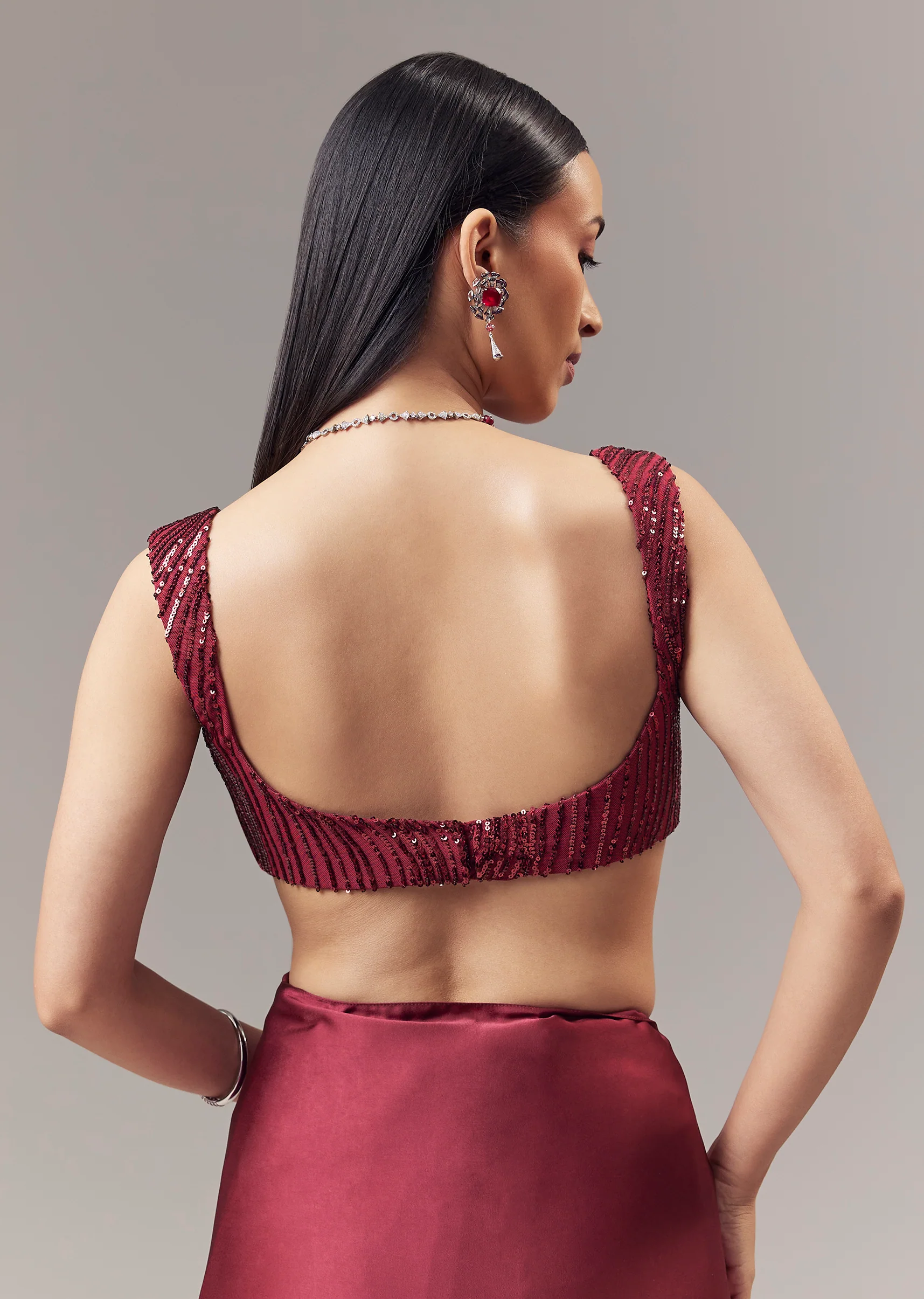 Red Satin Blend Saree With Cut Dana And Sequin Embellished Blouse - Image 8