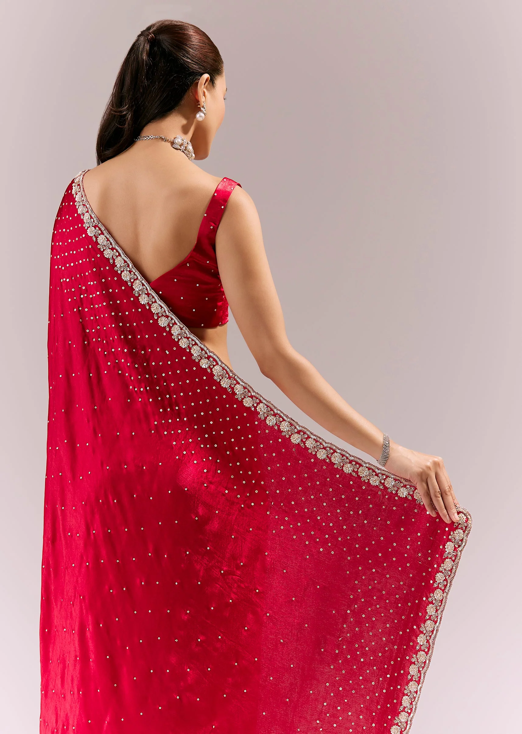 Red Satin Chinon Saree With All Over Sequin Embellishment - Image 6