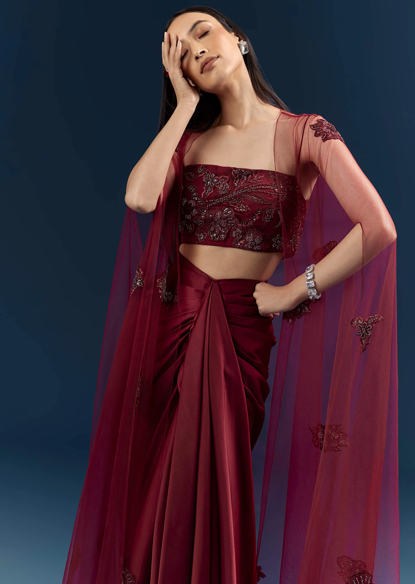 Red Satin Crop Top And Drape Skirt Set With Lace Work And Embroidery - Image 3