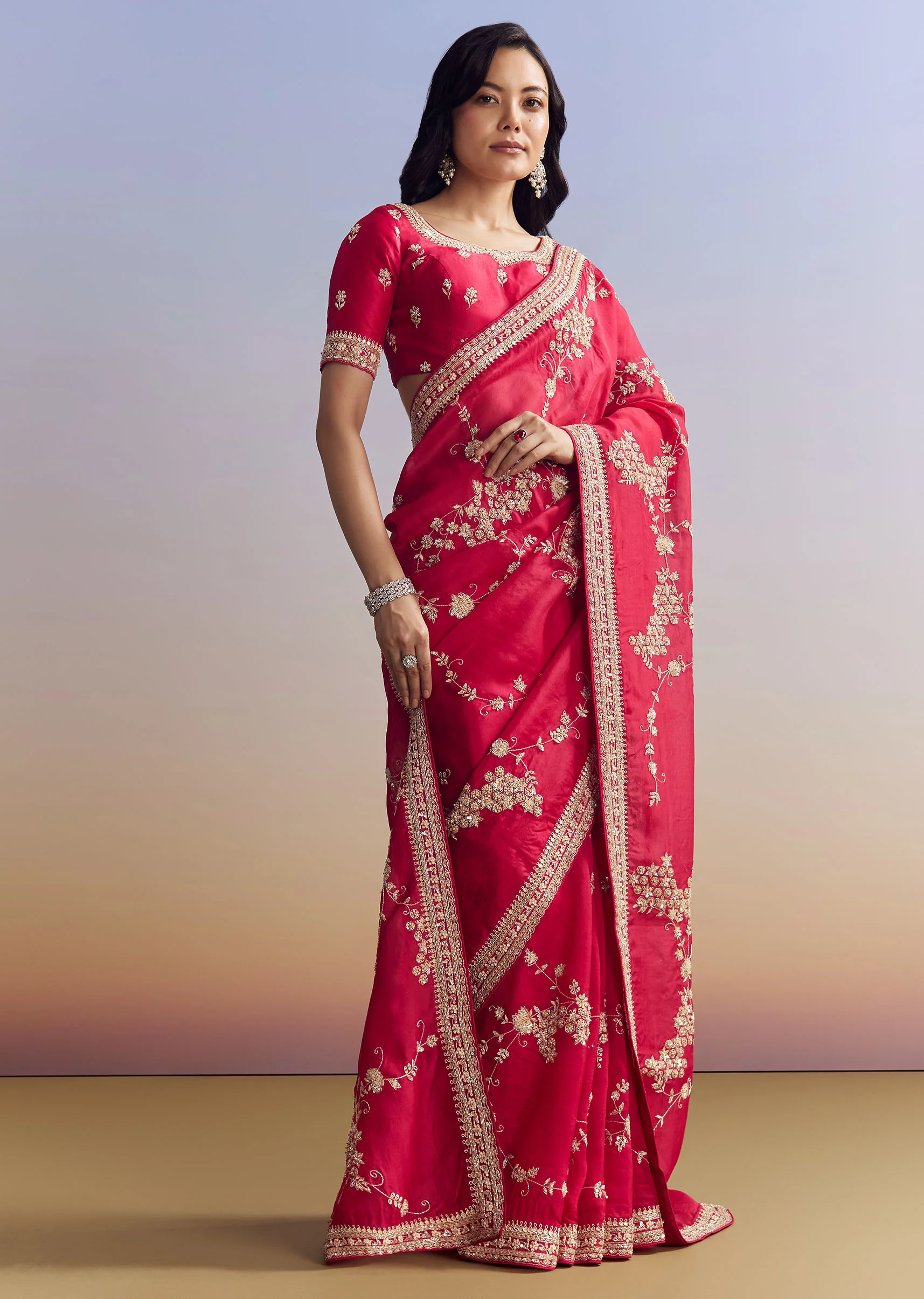 Red Satin Saree With Full Jaal Embroidery - Image 3
