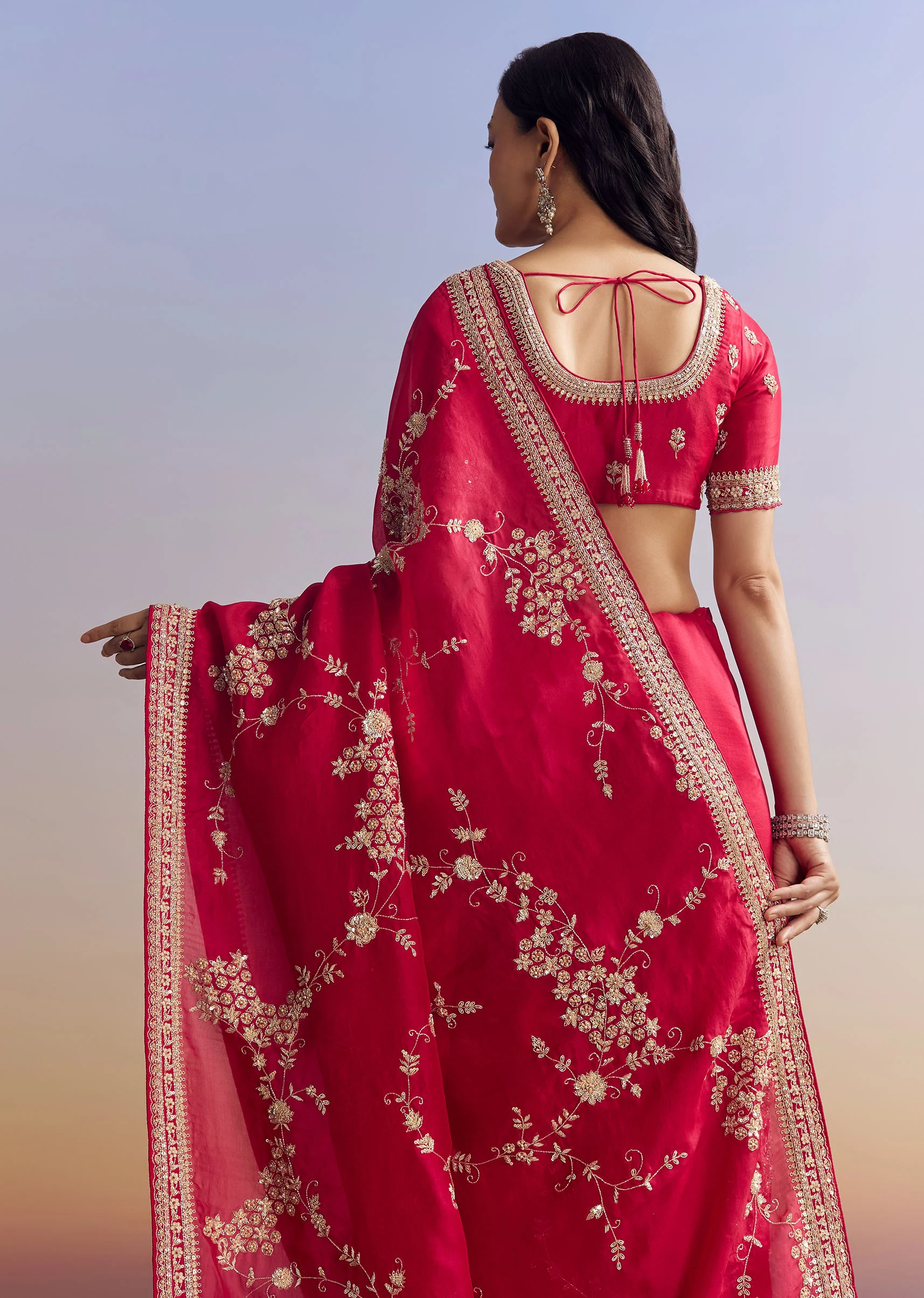 Red Satin Saree With Full Jaal Embroidery - Image 4