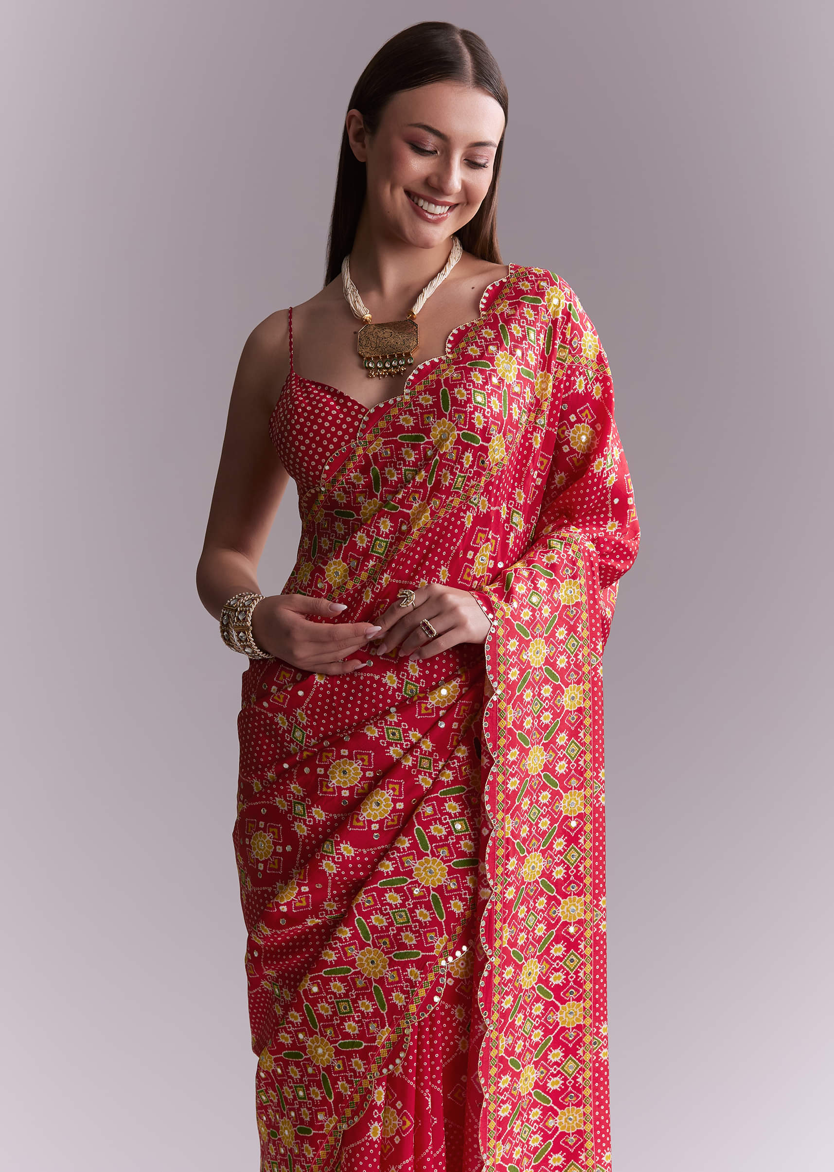 Red Satin Saree With Ikat Geometric Print And Mirror Work - Image 3
