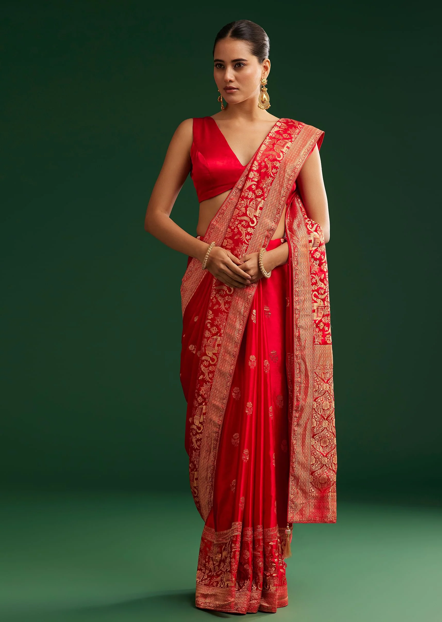 Red Satin Saree With Zari Weave - Image 3