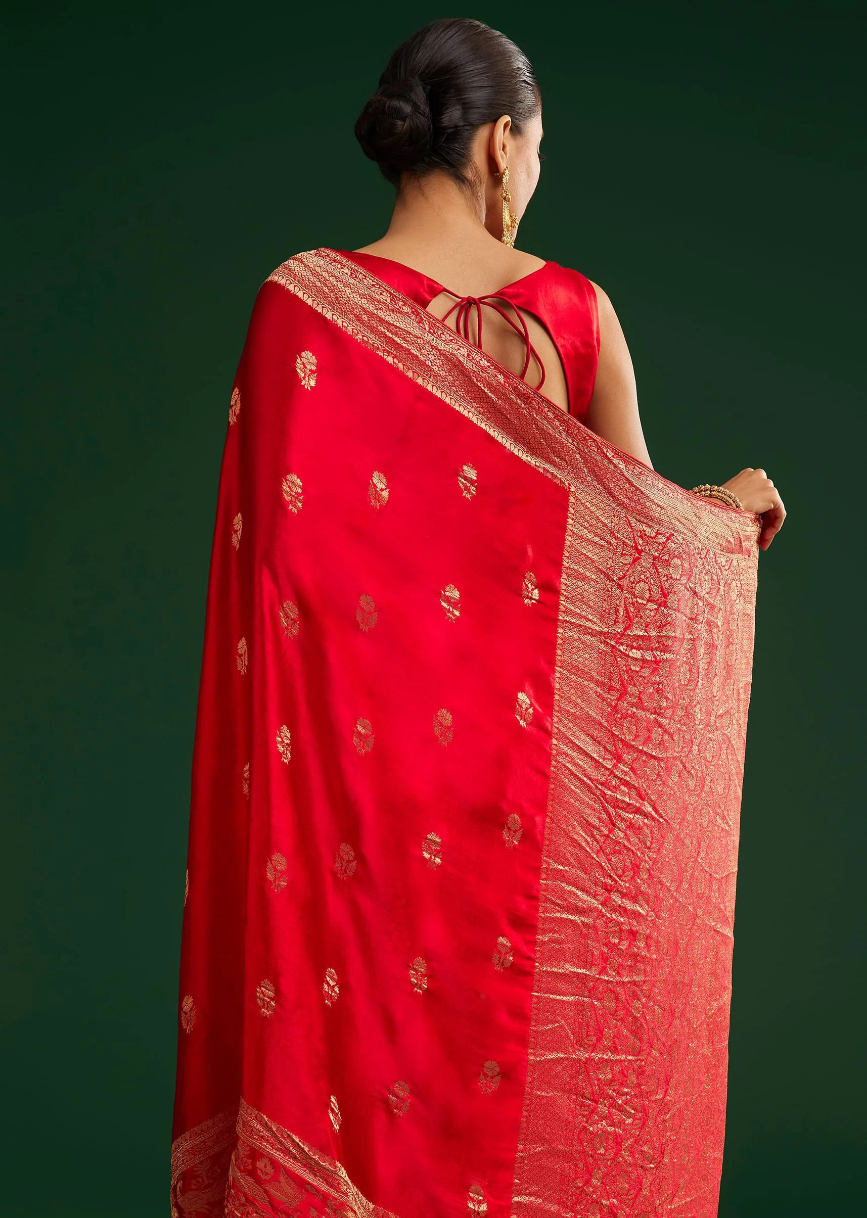 Red Satin Saree With Zari Weave - Image 4