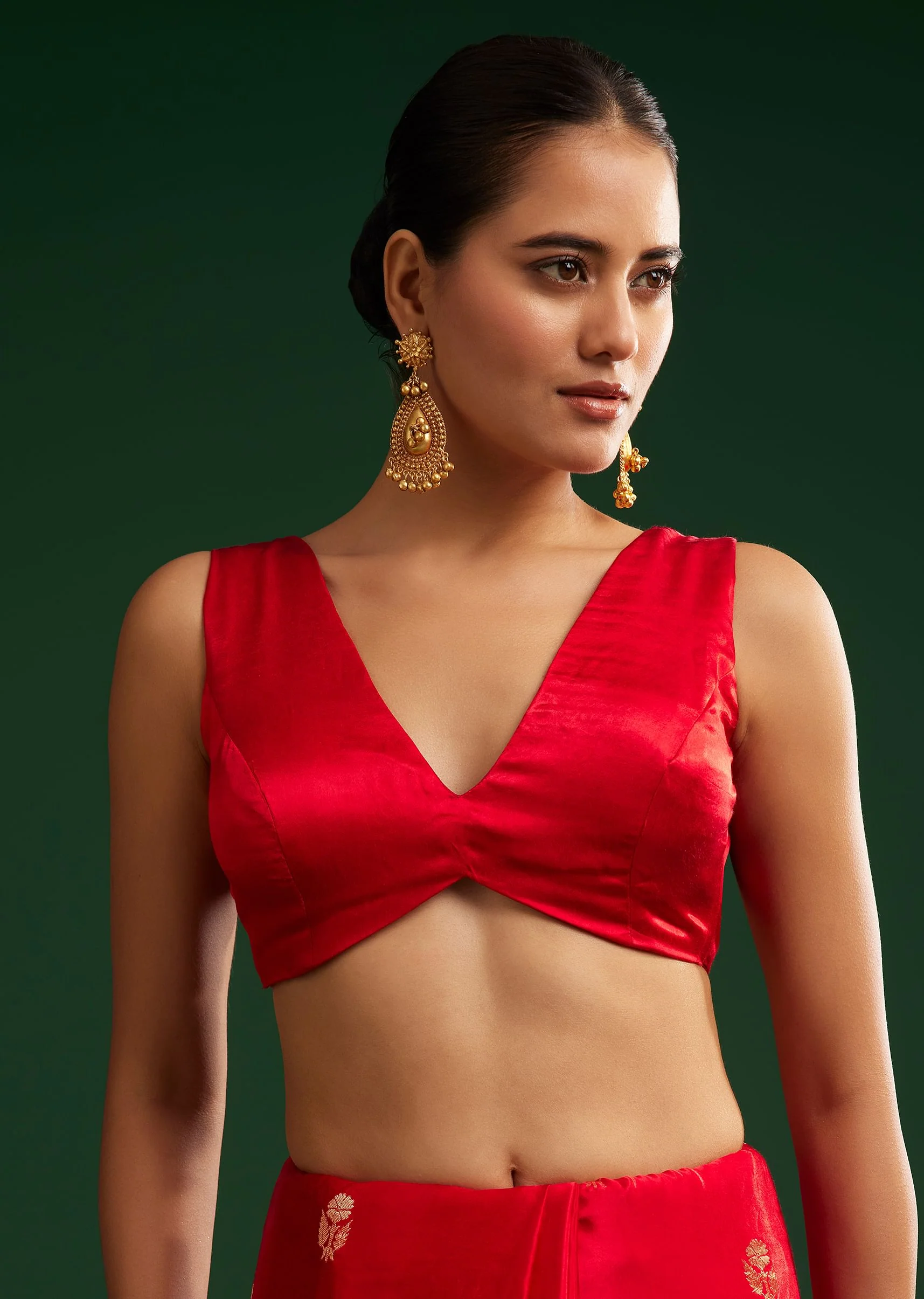 Red Satin Saree With Zari Weave - Image 6