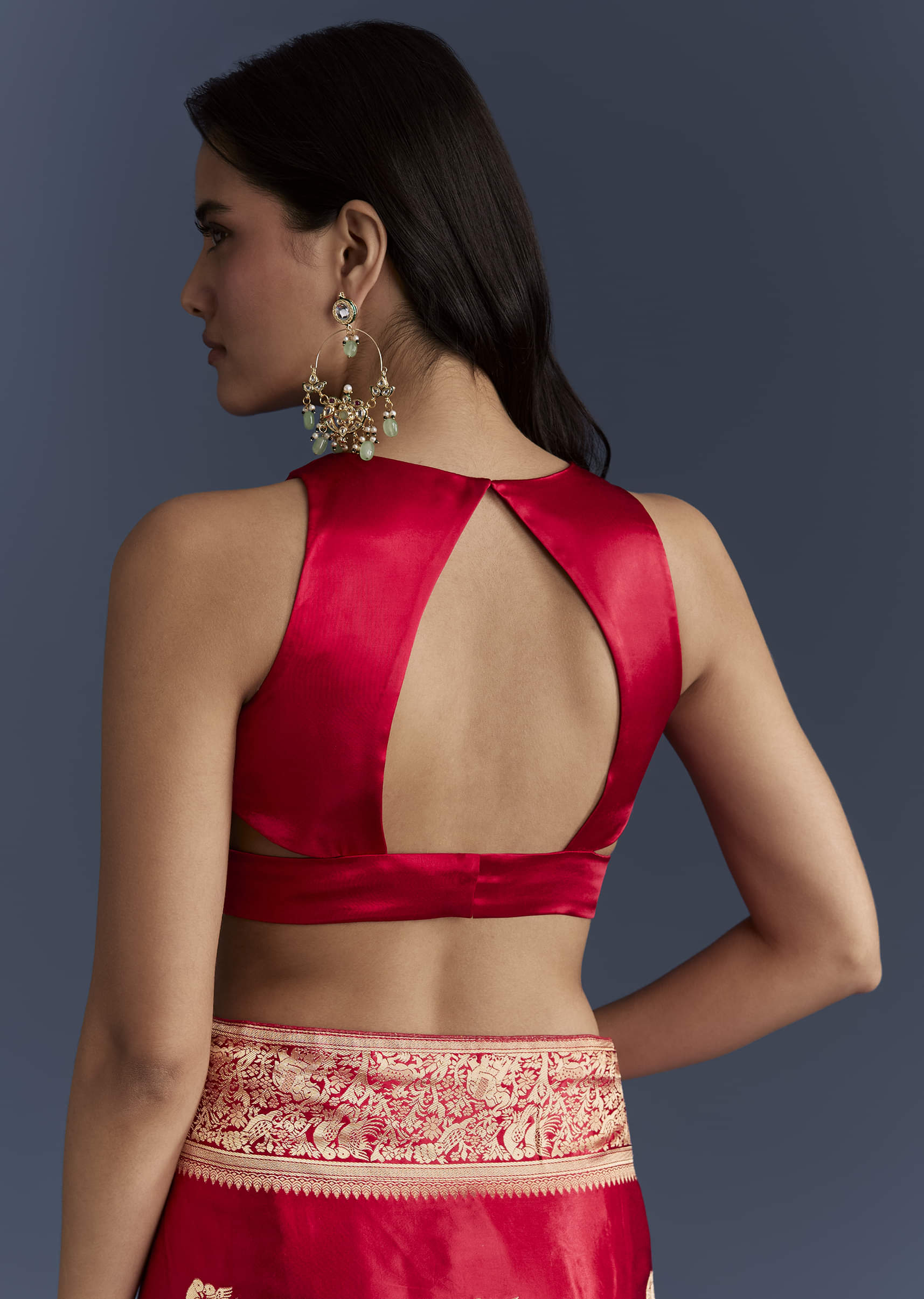 Red Satin Woven Saree With Zari Work - Image 8