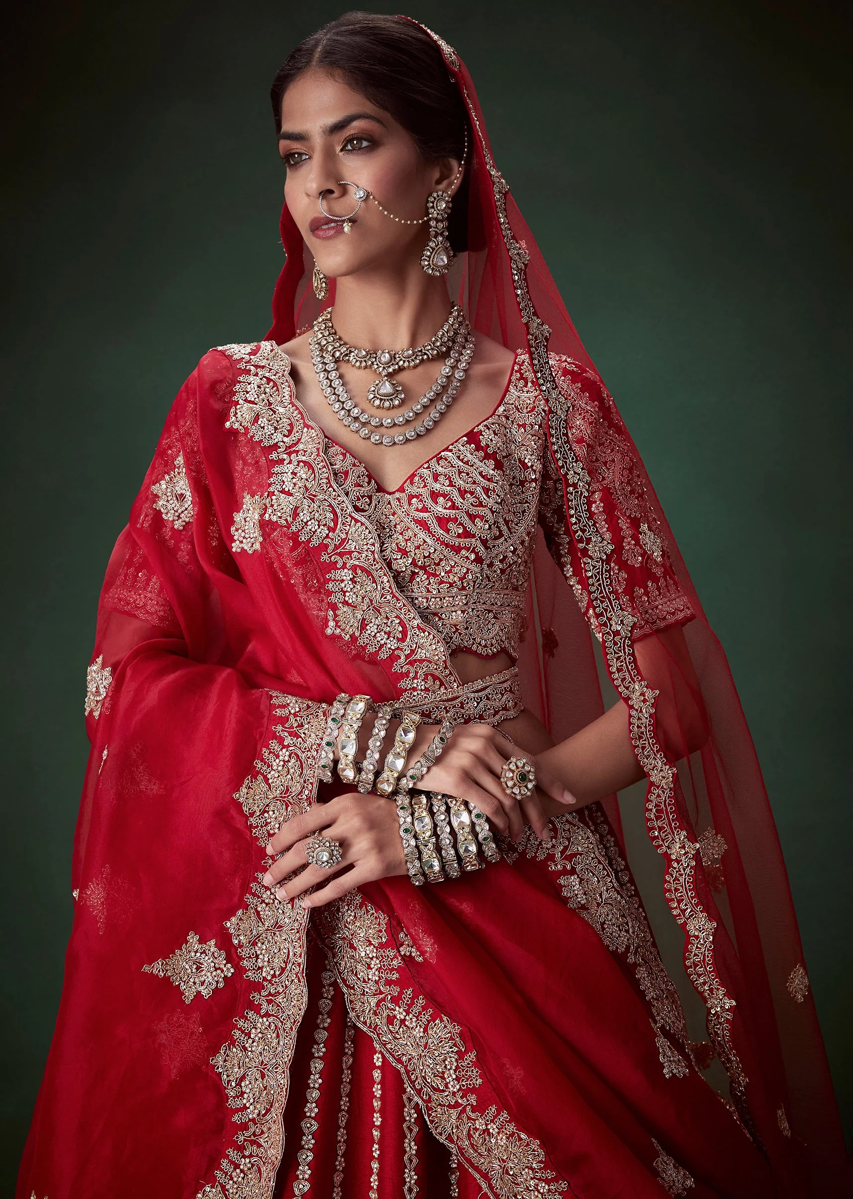 Red Sequin and Resham Embellished Bridal Lehenga Set - Image 3