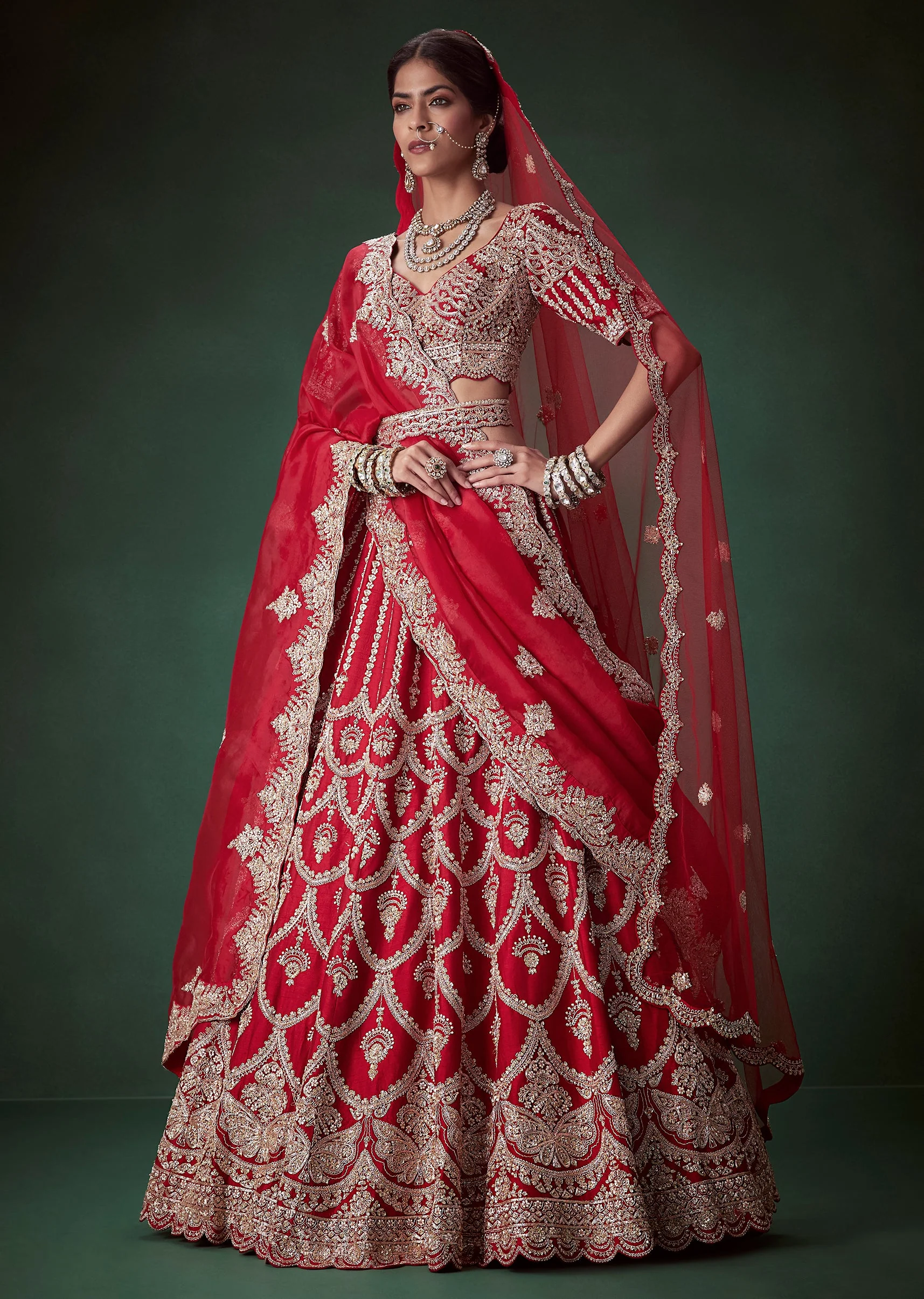 Red Sequin and Resham Embellished Bridal Lehenga Set - Image 4