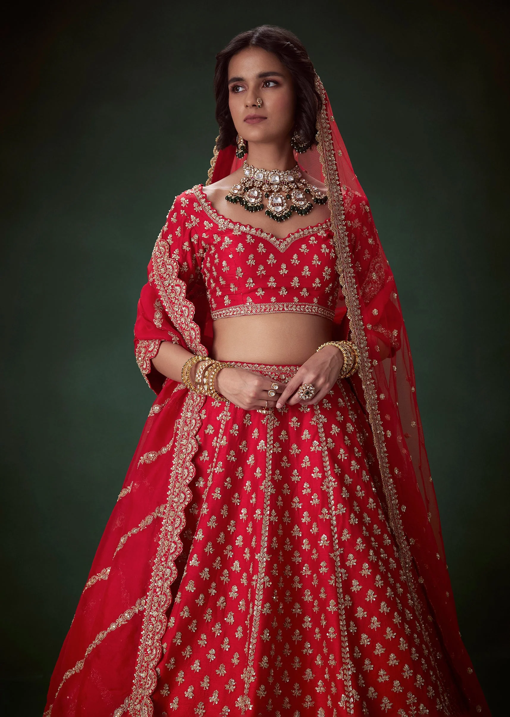 Red Sequin Embellished Bridal Lehenga Set - Image 3