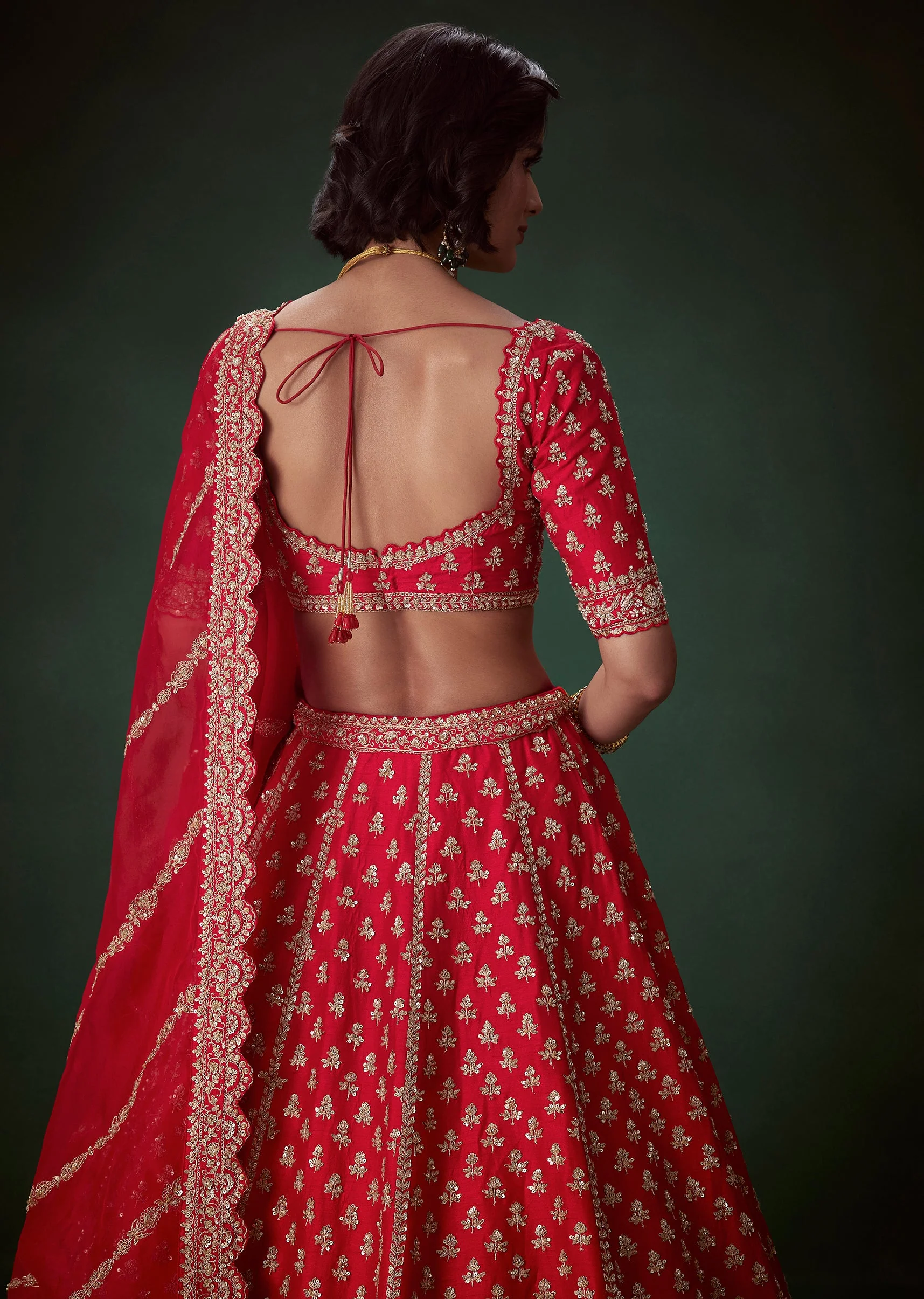 Red Sequin Embellished Bridal Lehenga Set - Image 5