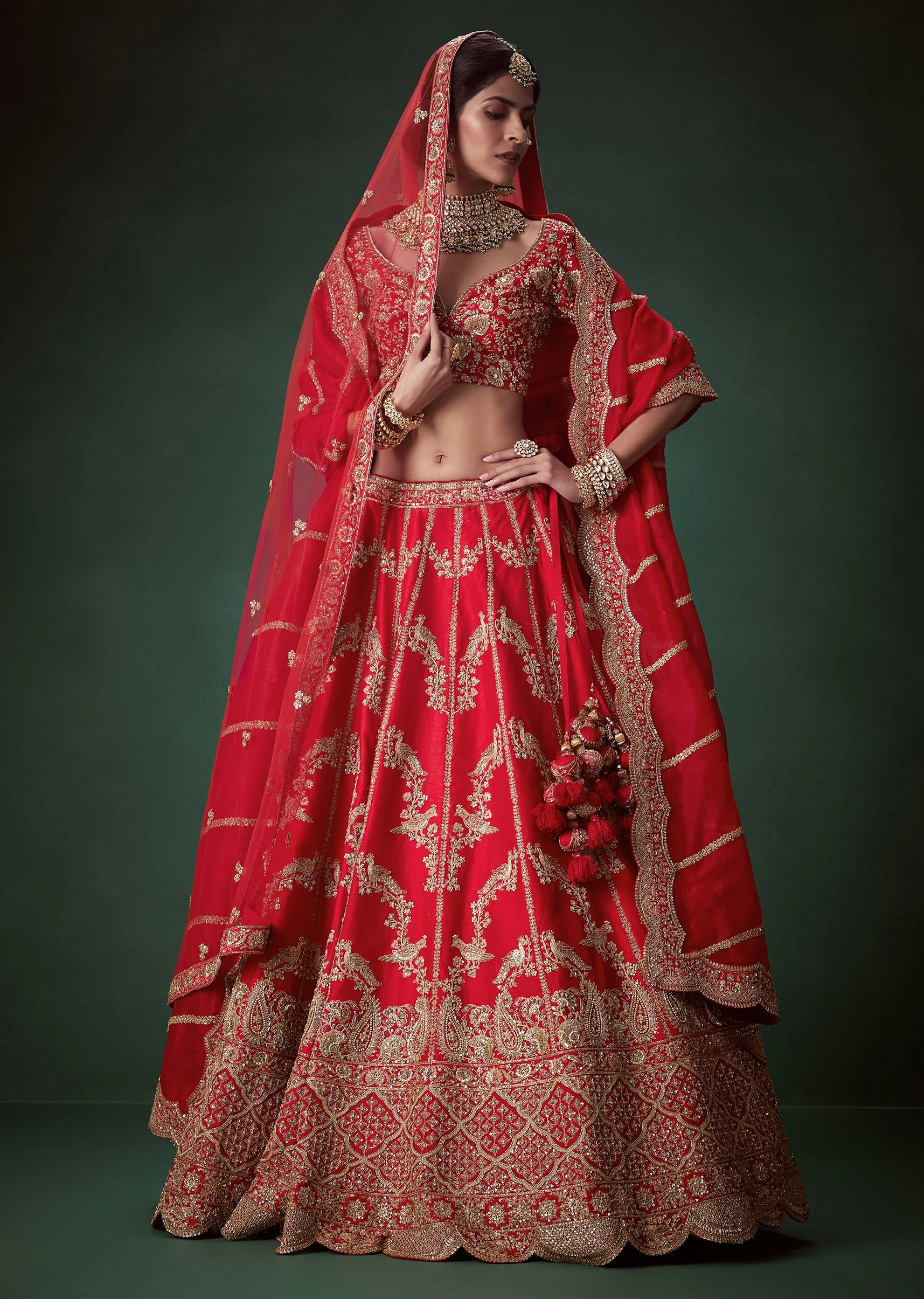 Red Sequin Embellished Bridal Lehenga Set in Silk - Image 4