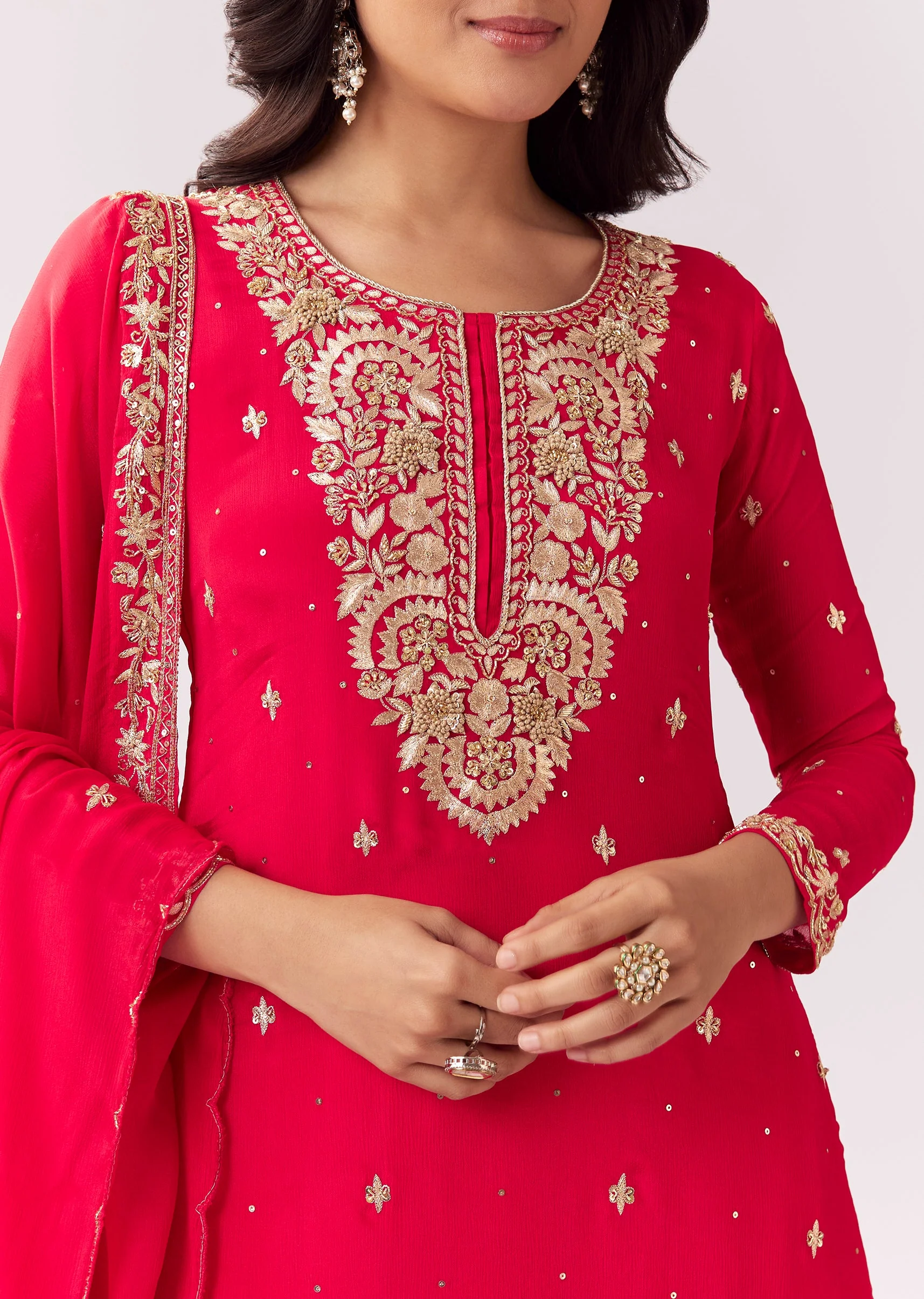 Red Sharara Set With Zari Sequin Detailing - Image 2