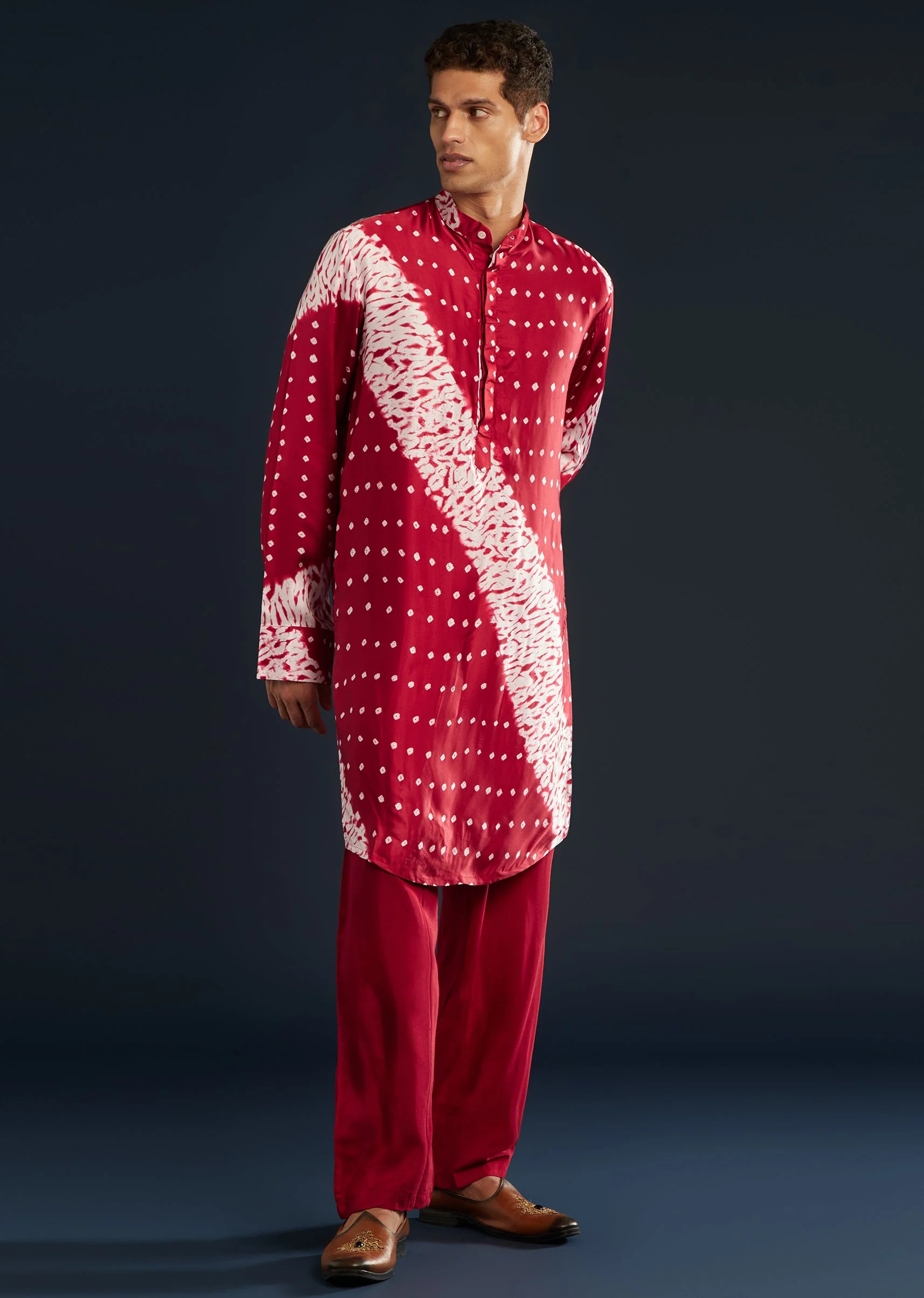 Red Shibori and Bandhani Print Kurta Set