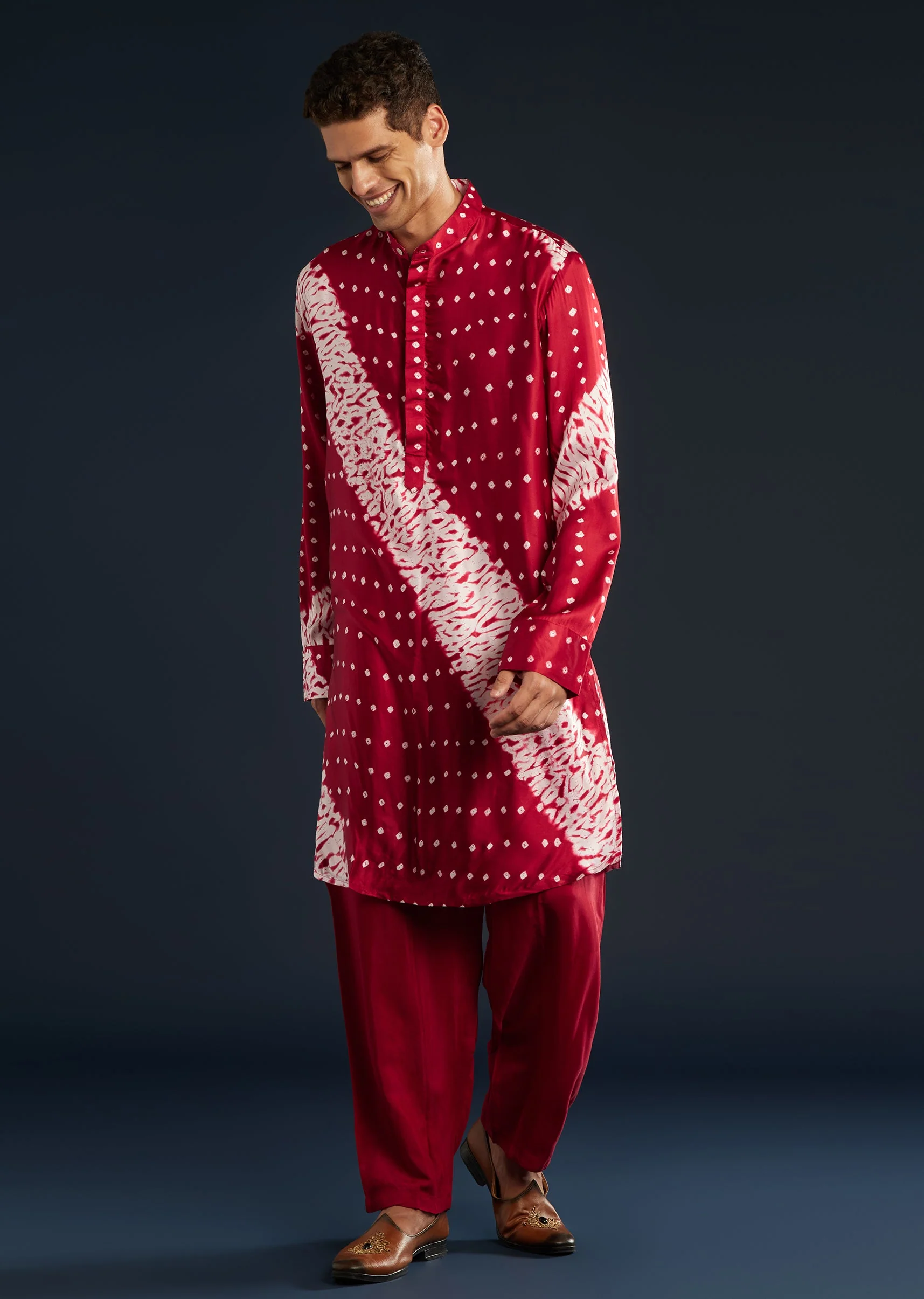 Red Shibori and Bandhani Print Kurta Set - Image 3