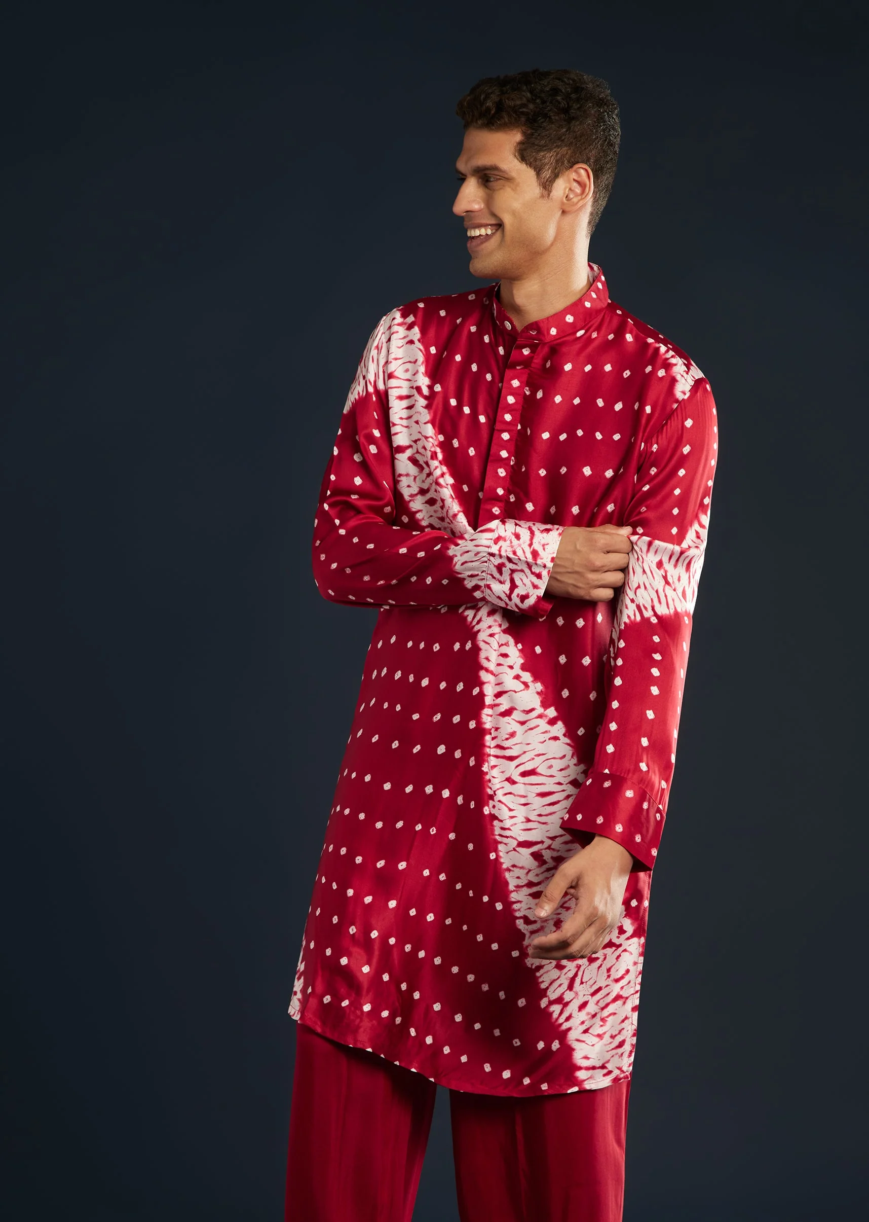 Red Shibori and Bandhani Print Kurta Set - Image 4