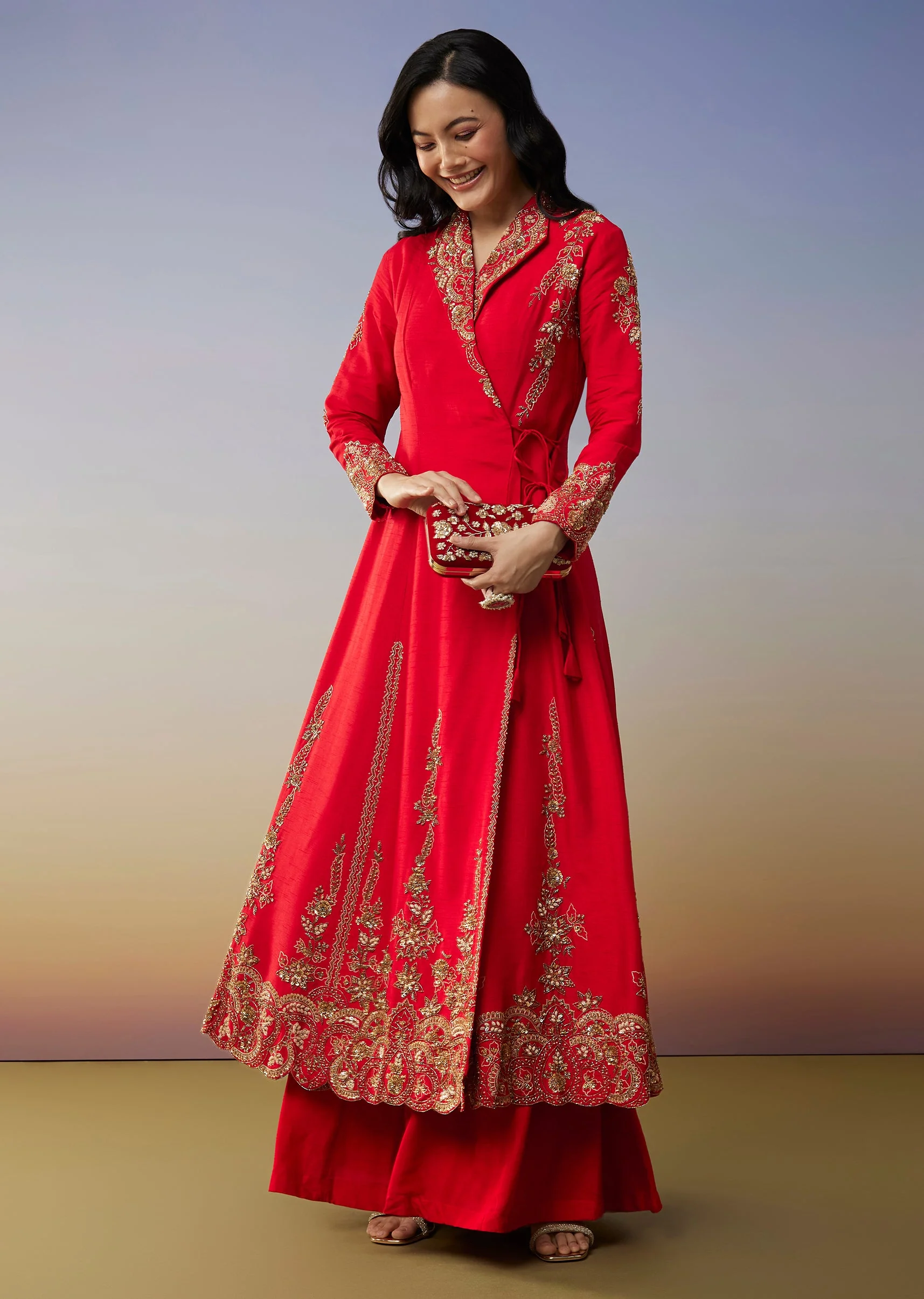 Red Silk Anarkali Suits with Cut Dana Sequins Work - Image 3