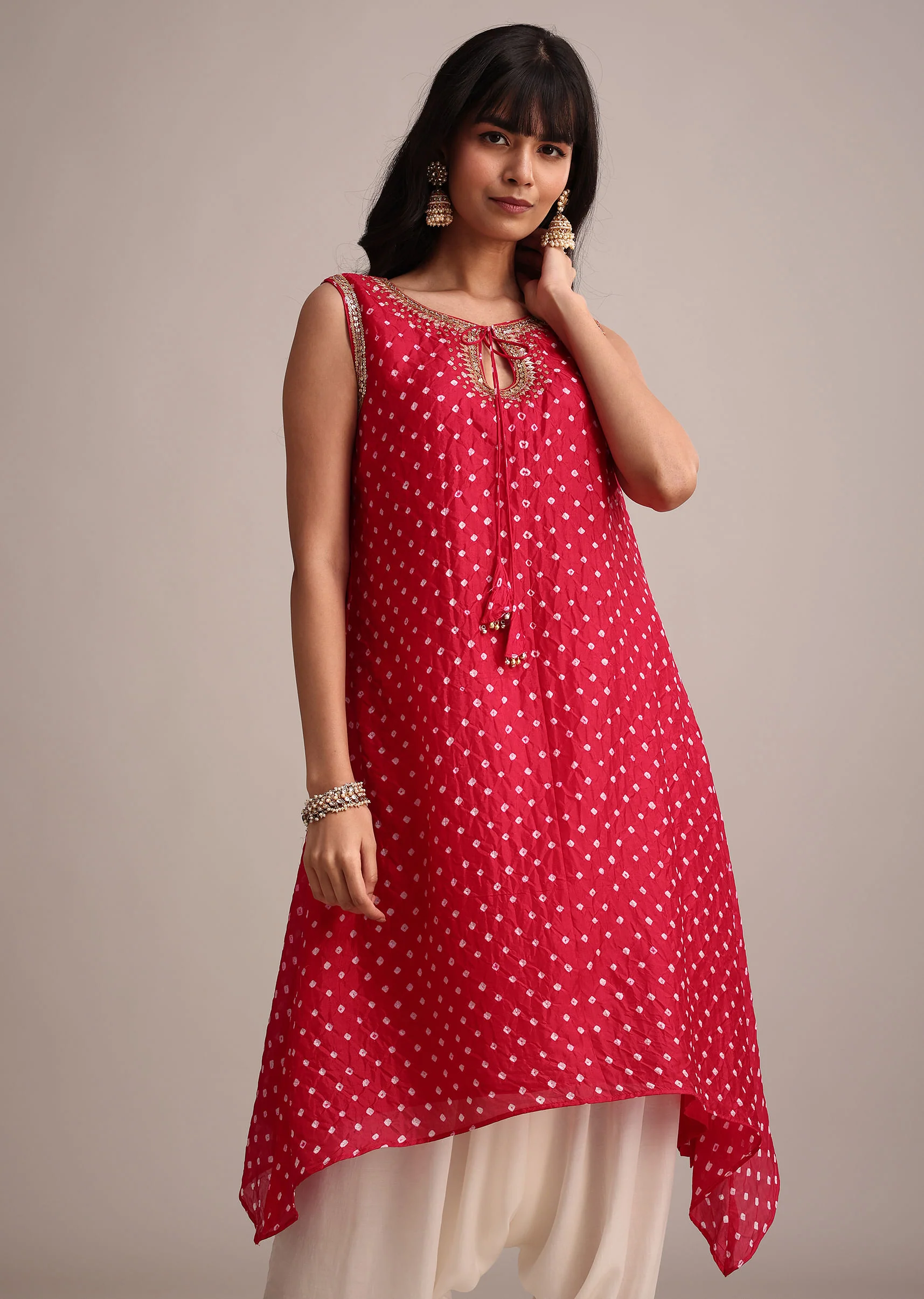 Red Silk Bandhani Print Kurta Dhoti Set - Image 4