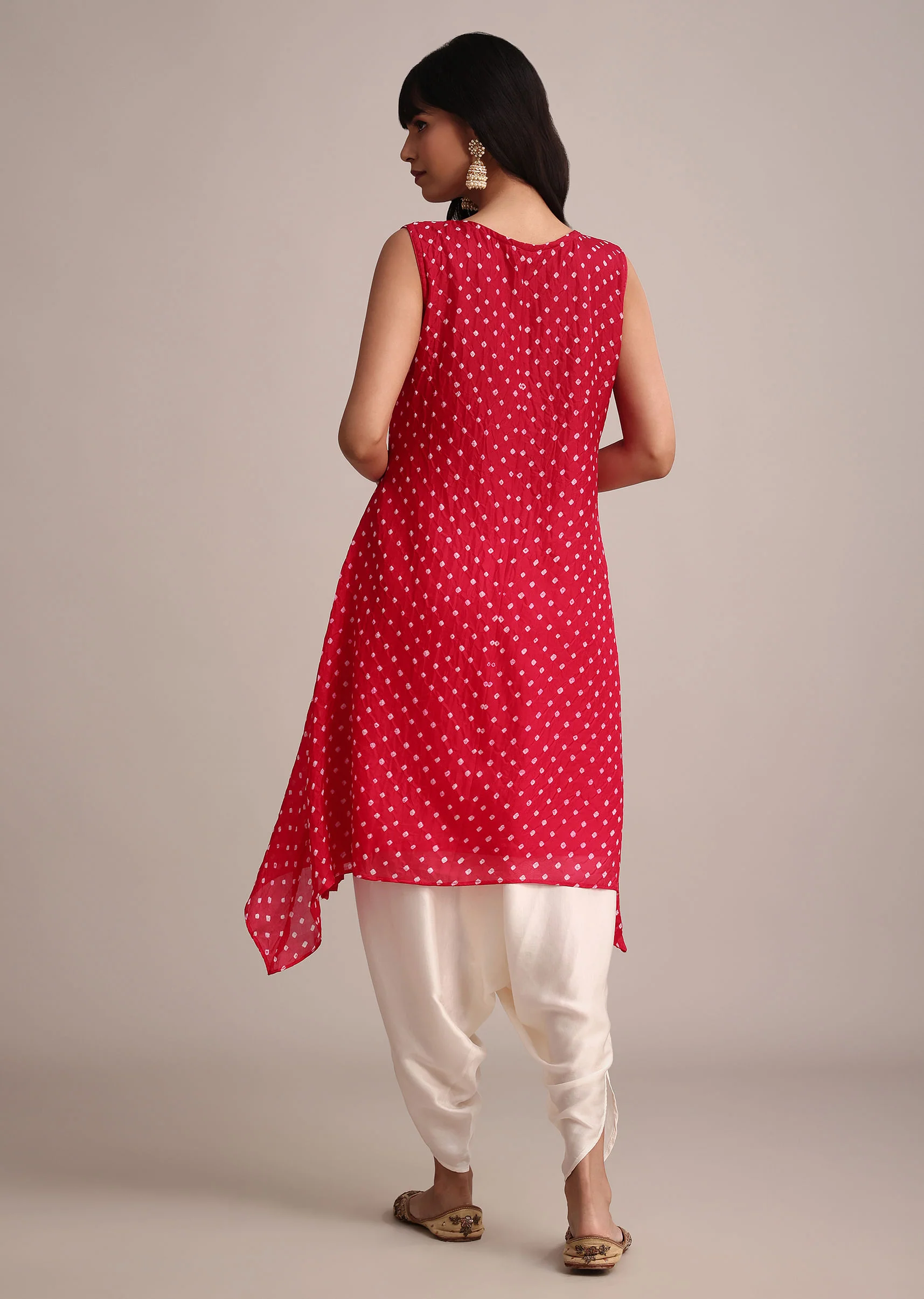 Red Silk Bandhani Print Kurta Dhoti Set - Image 5