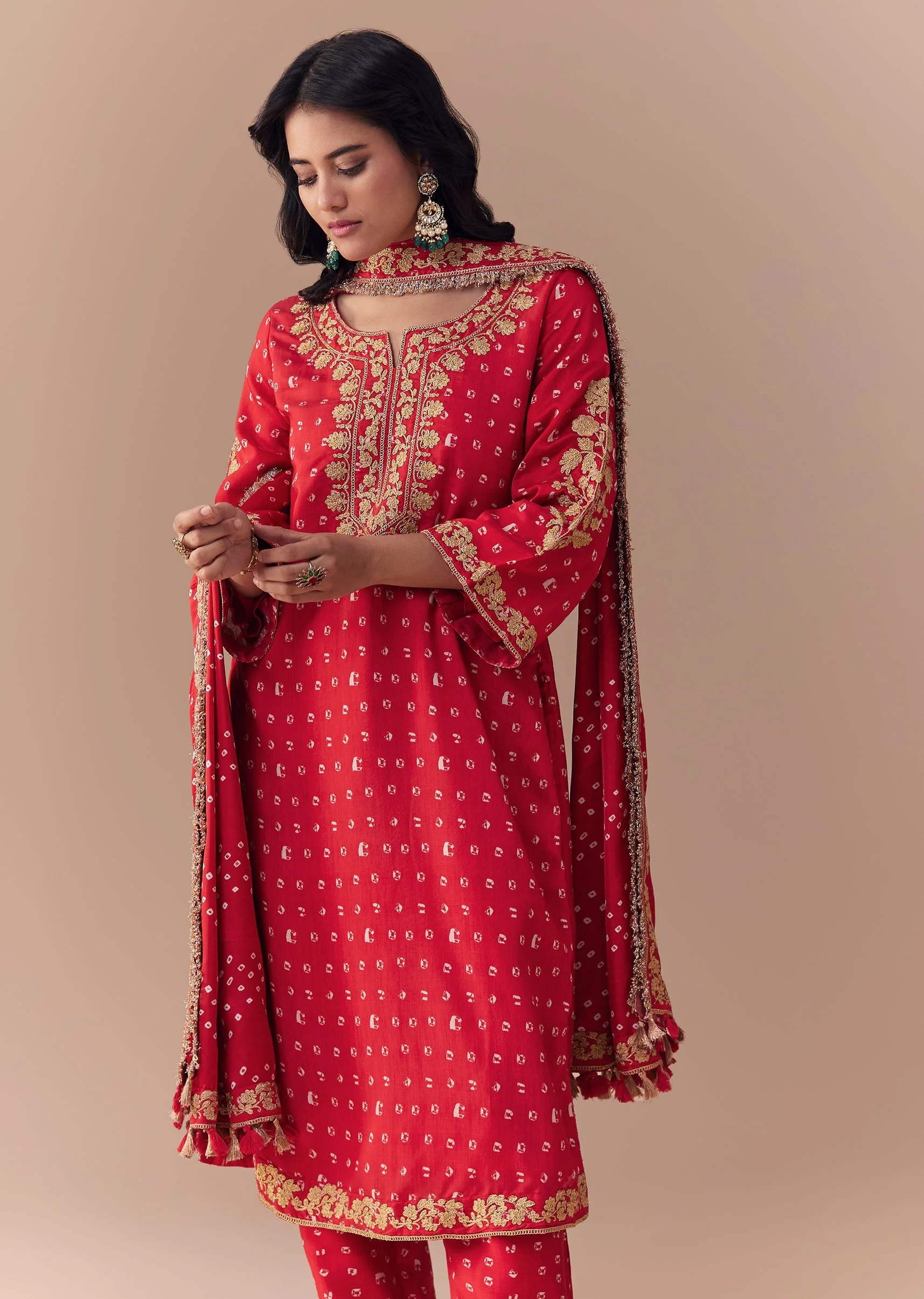 Red Silk Bandhani Print Kurta Set - Image 4