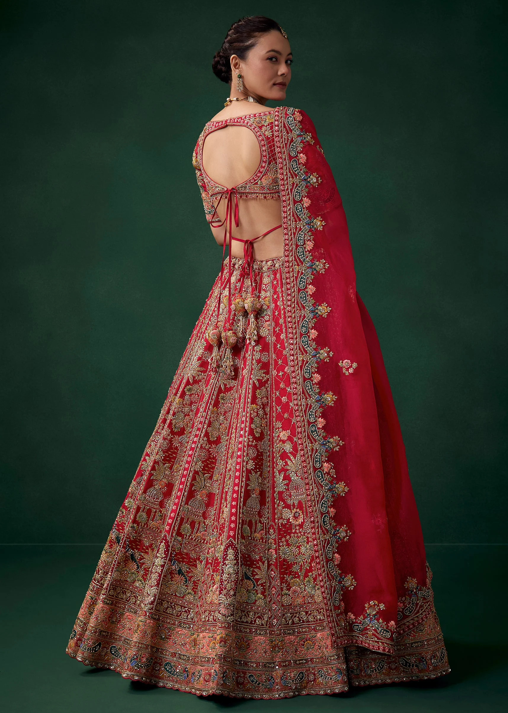 Red Silk Bridal Lehenga Set wit Zari Work - Image 2