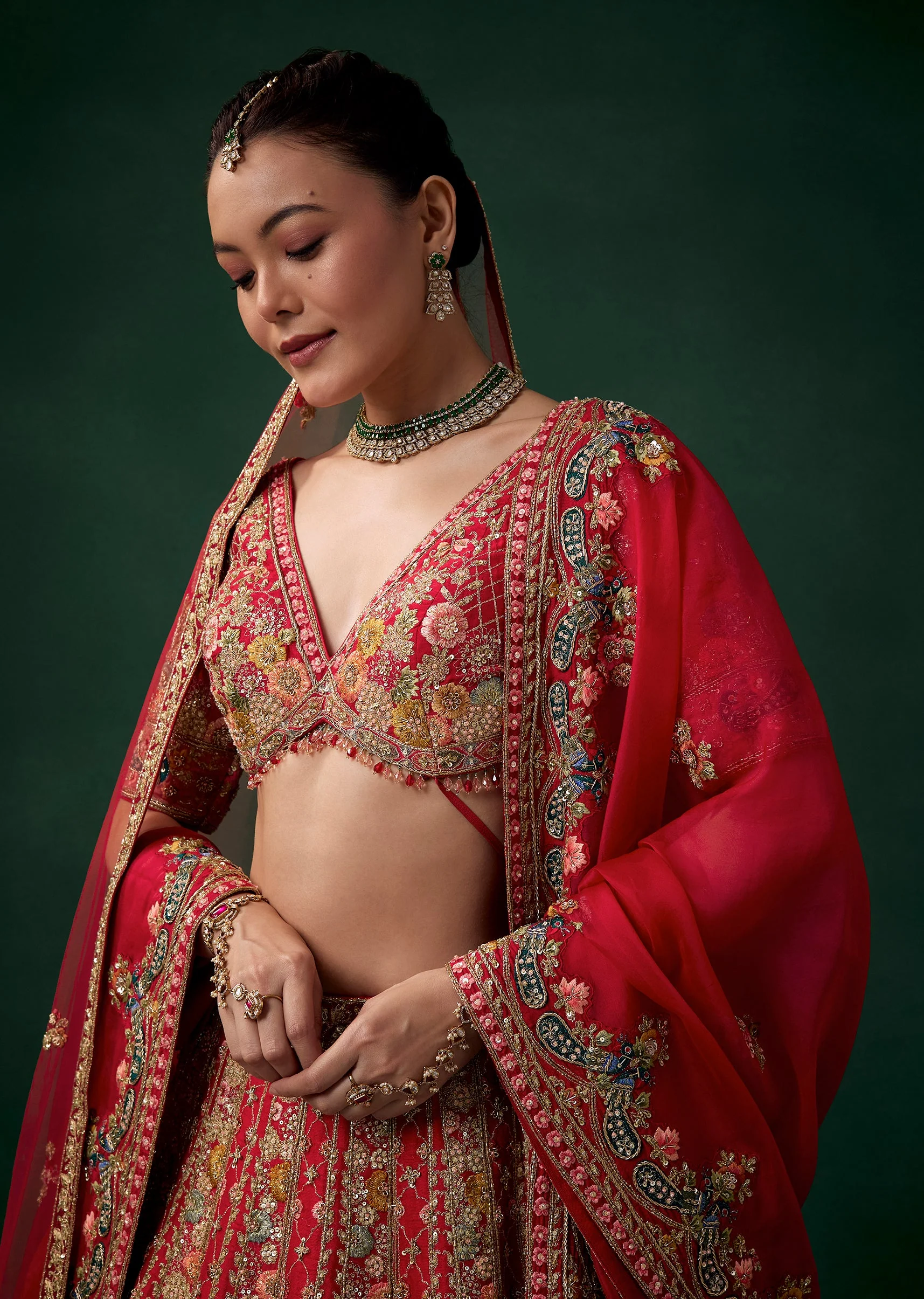 Red Silk Bridal Lehenga Set wit Zari Work - Image 3