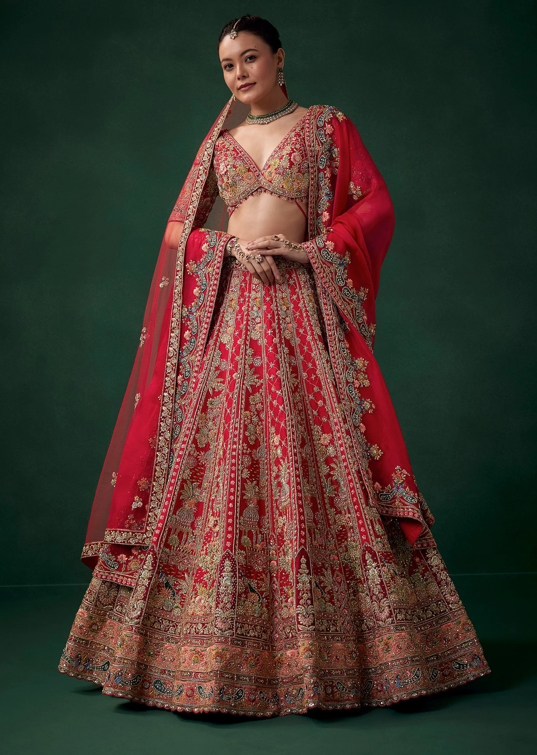 Red Silk Bridal Lehenga Set wit Zari Work - Image 4