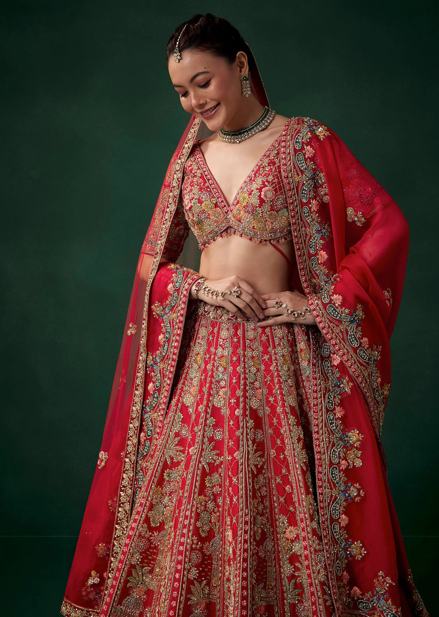 Red Silk Bridal Lehenga Set wit Zari Work - Image 6